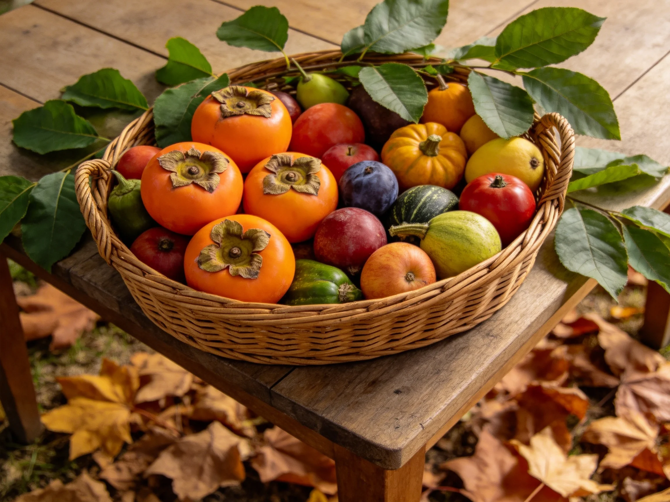 A wicker basket brimming with colorful autumn produce