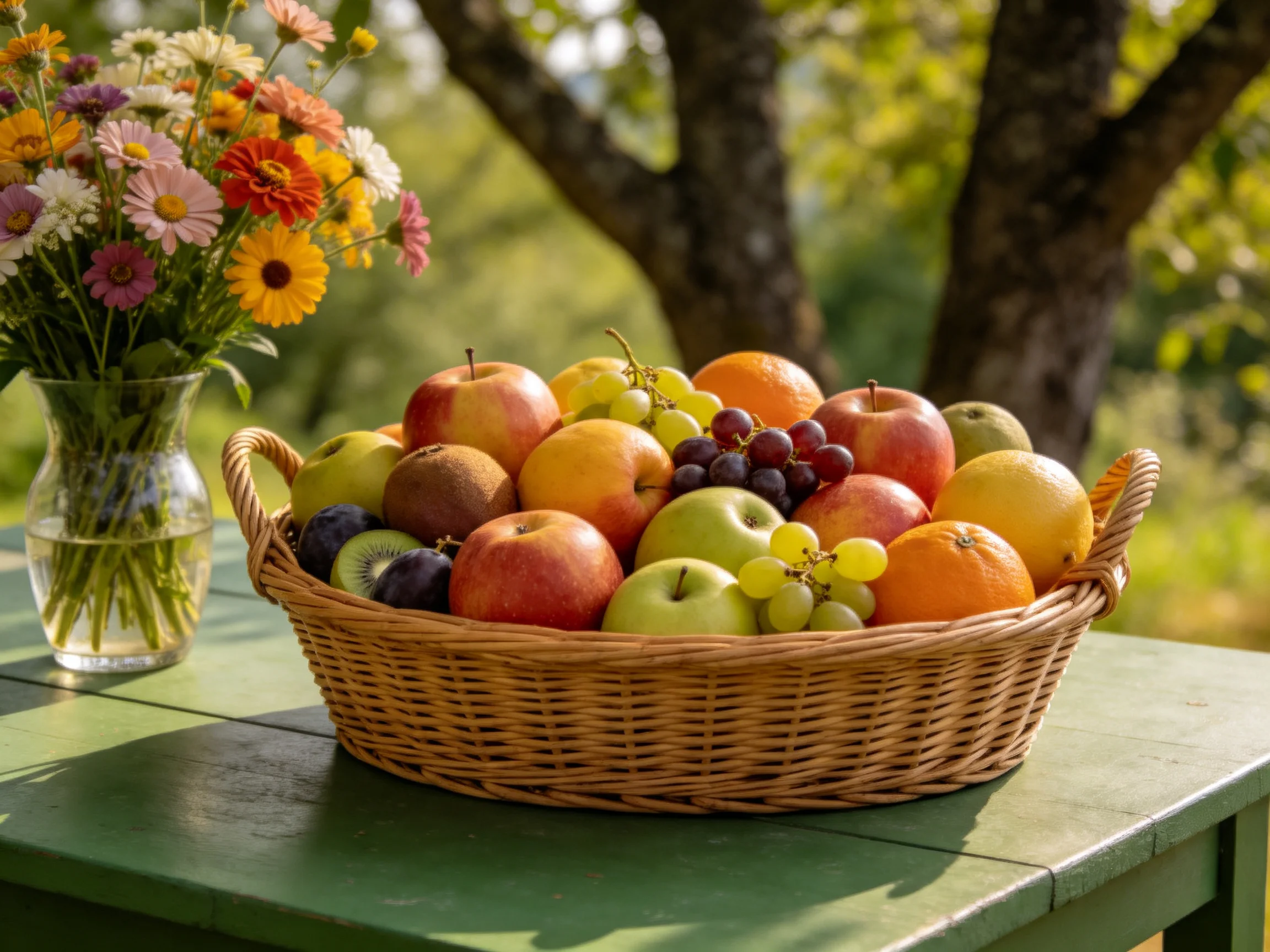 A wicker basket brimming with colorful fruits beside a flower-filled vase outdoors