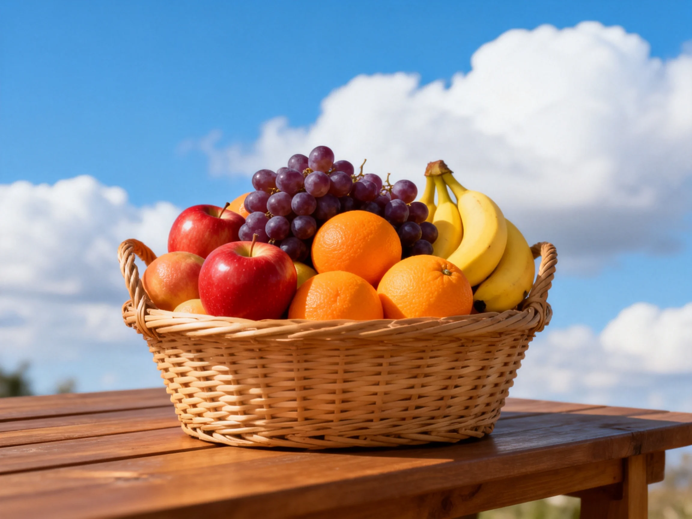 A wicker basket brimming with colorful fruits including red apples, purple grapes, orange oranges, an