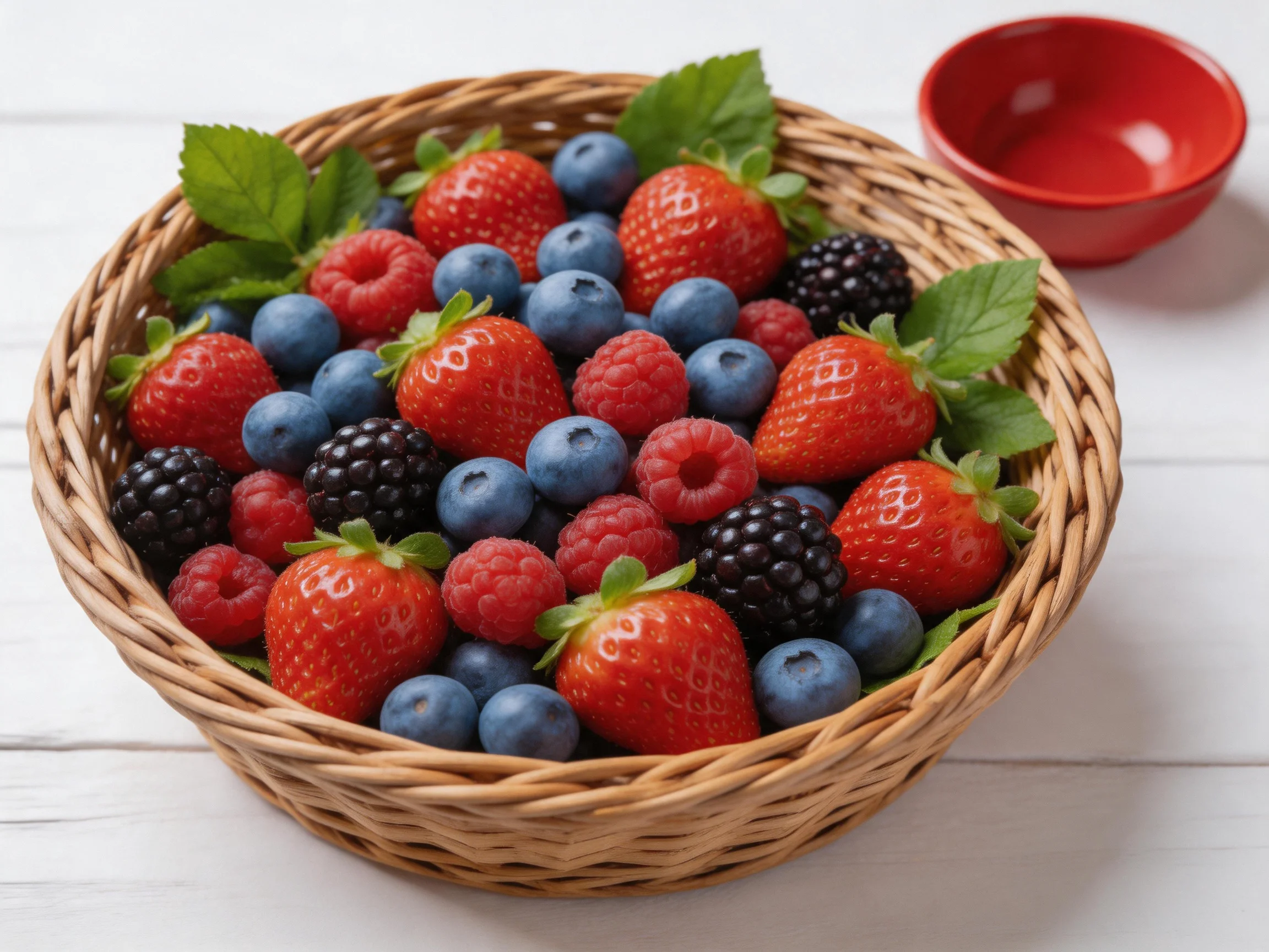 A wicker basket brimming with colorful mixed berries