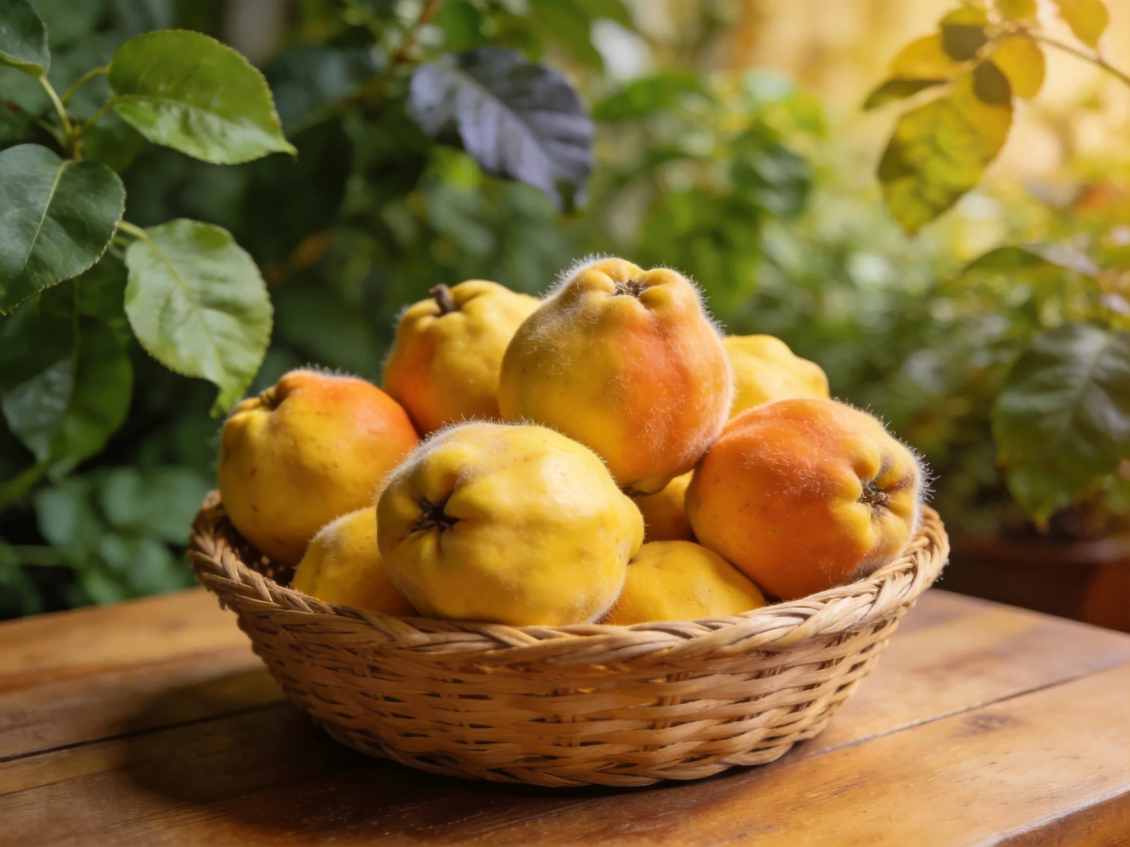 A wicker basket brimming with golden-orange quinces rests on a wooden table beside lush greenery