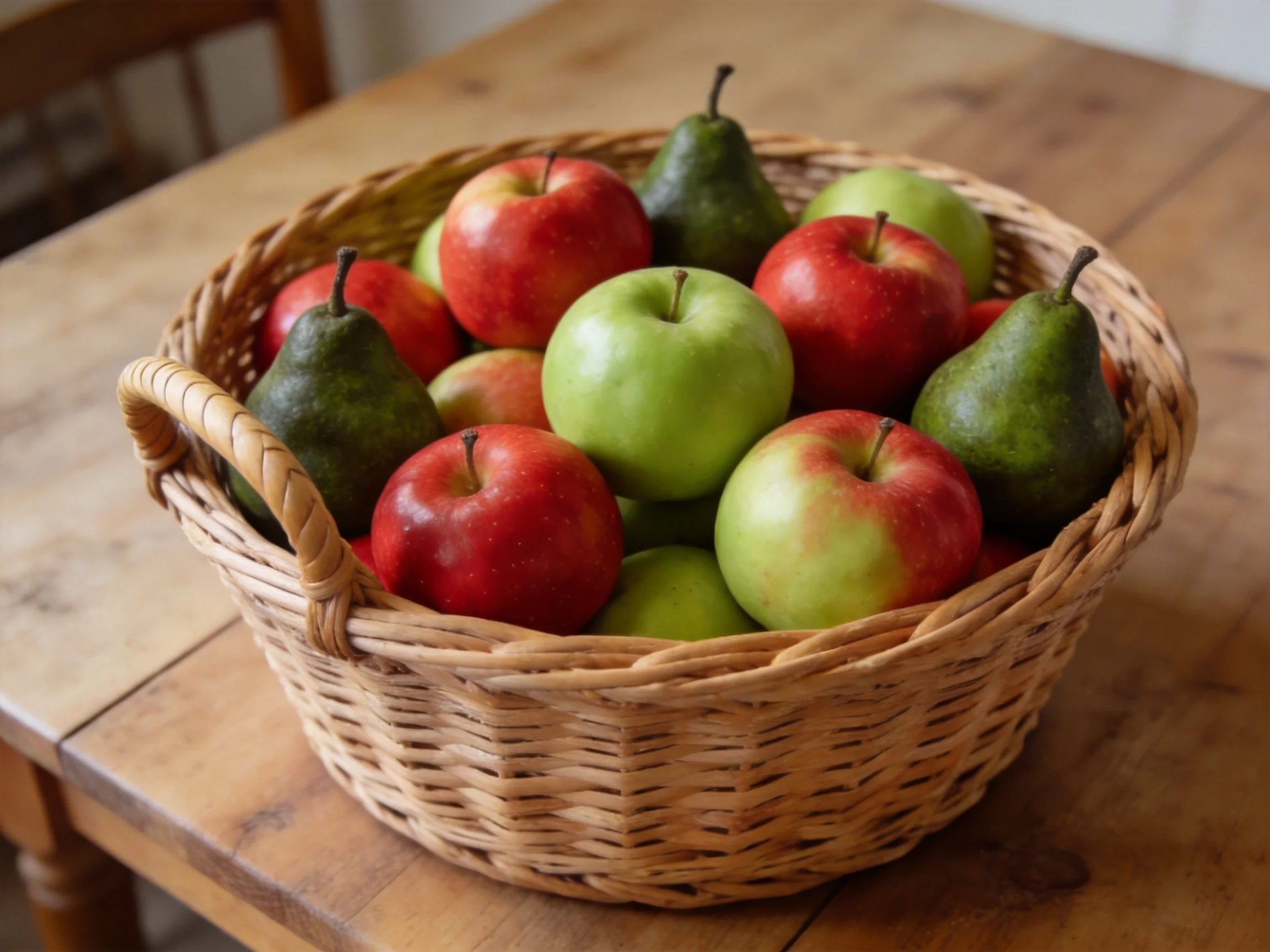 A wicker basket brimming with red, green apples, and dark pears