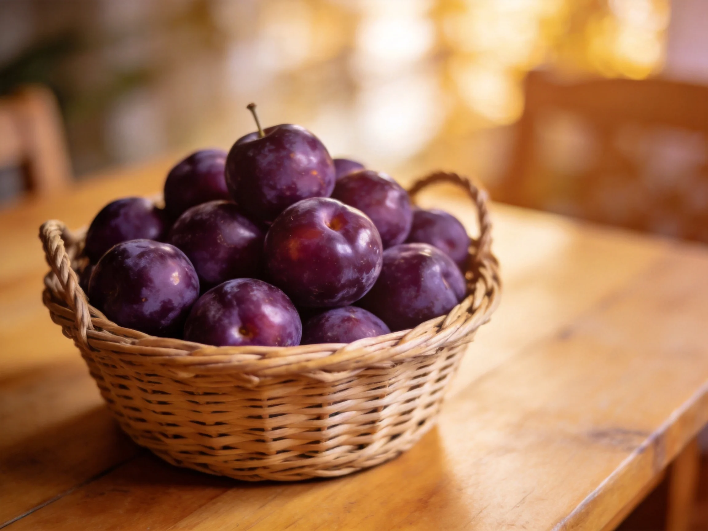 A wicker basket brimming with rich purple plums rests on a wooden table.