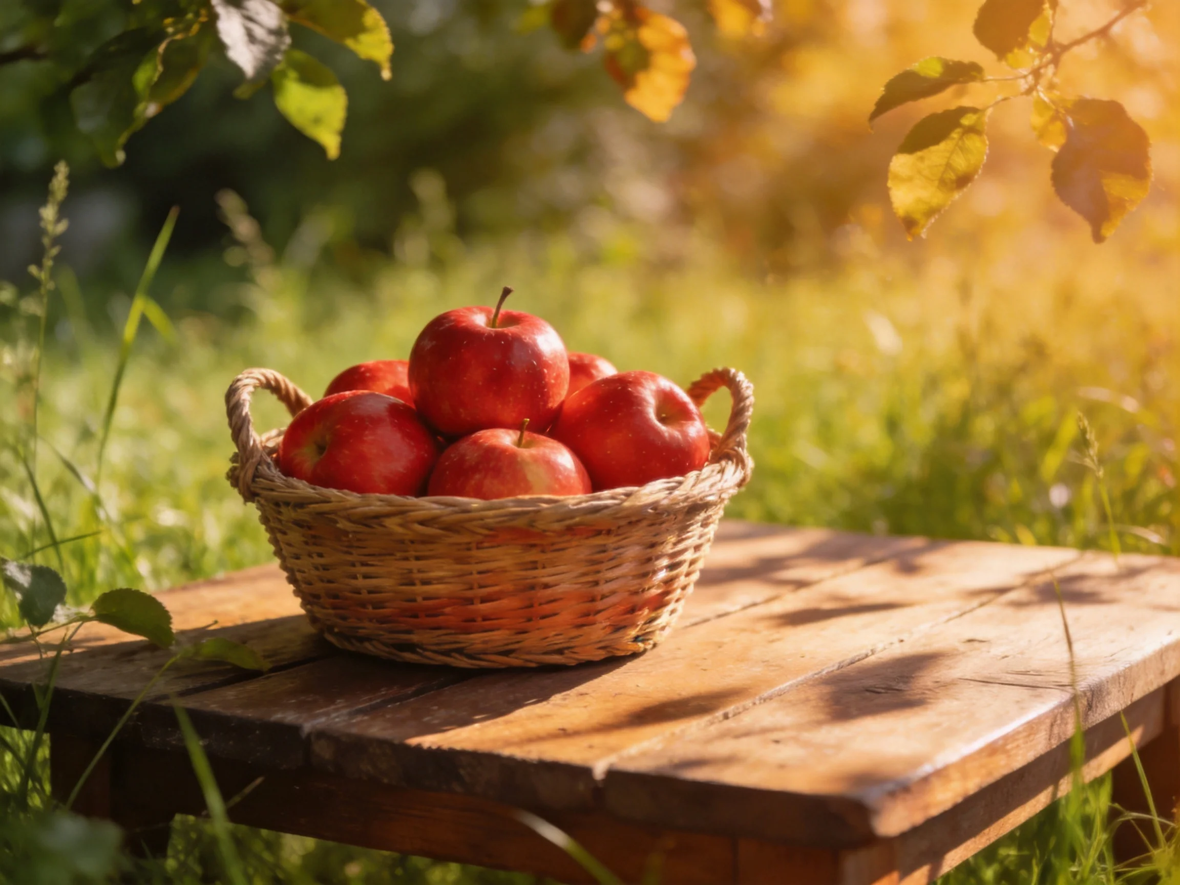 A wicker basket brimming with vibrant red apples sits on a wooden table in a sun-drenched meadow.
