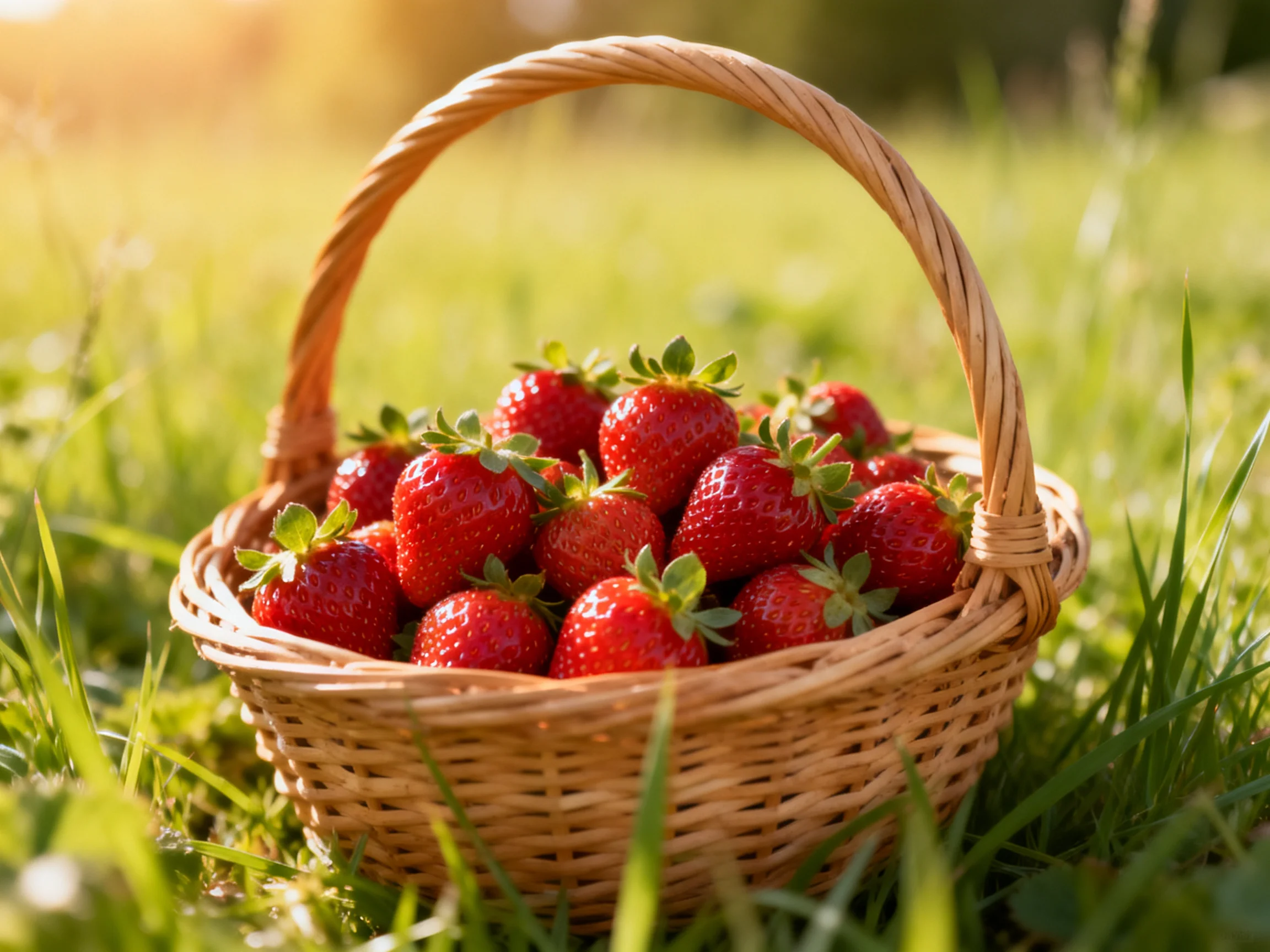 A wicker basket brimming with vibrant red strawberries on lush green grass
