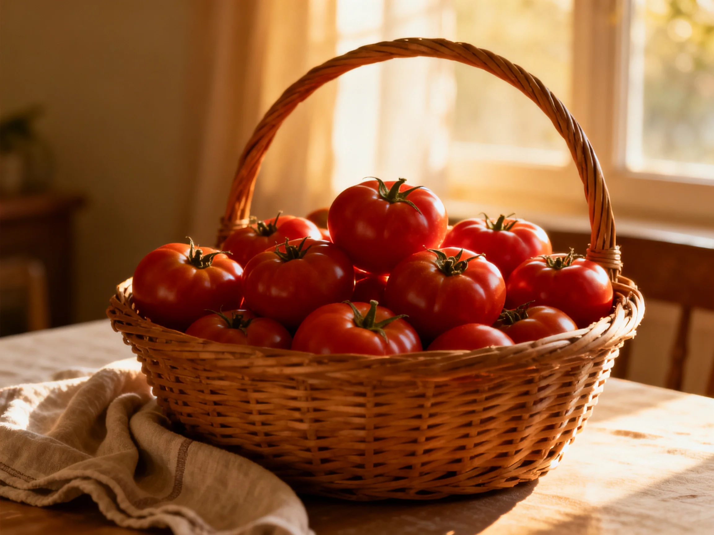 A wicker basket brimming with vibrant red tomatoes on a wooden table