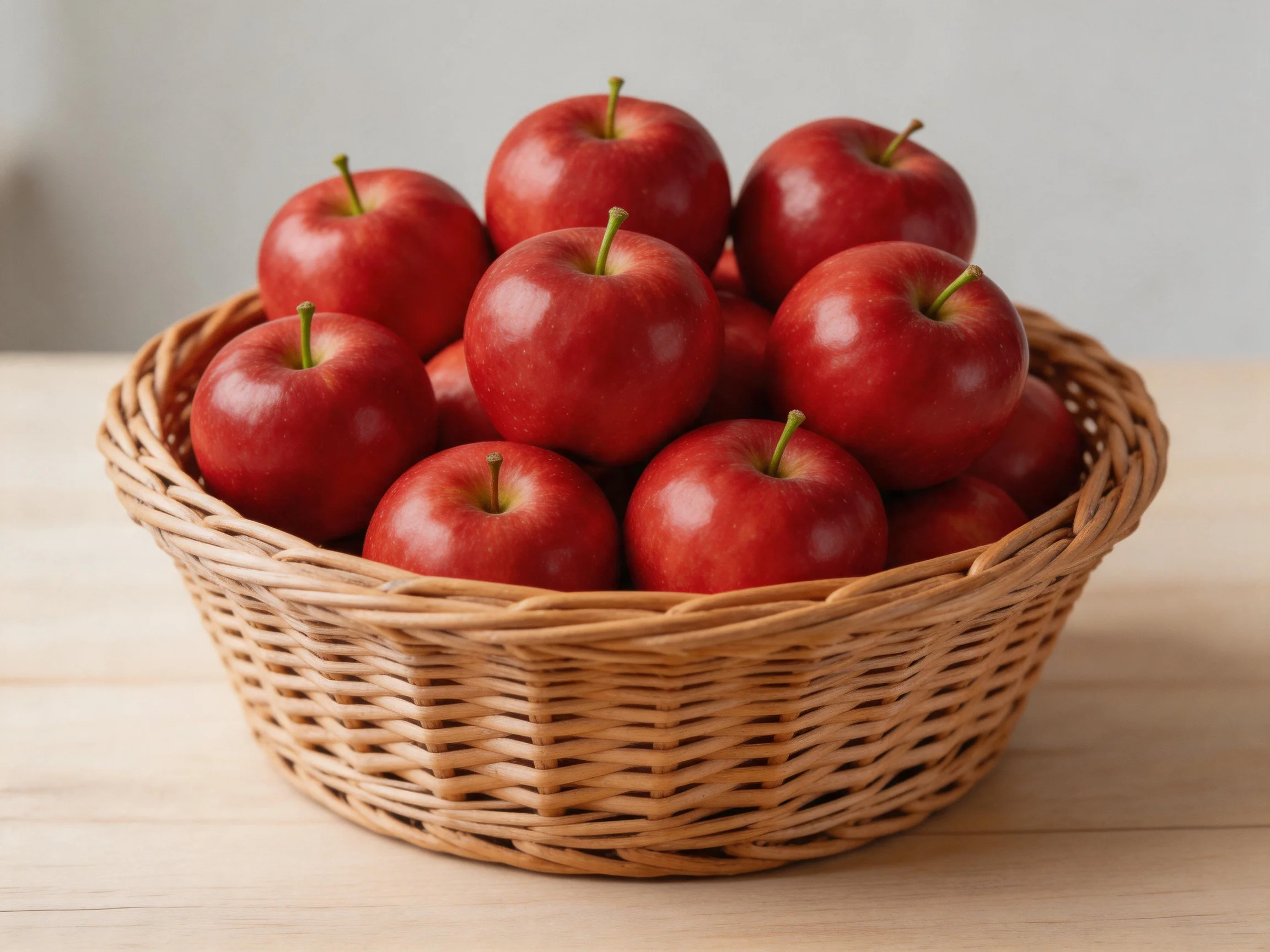A wicker basket filled with abundant glossy red apples
