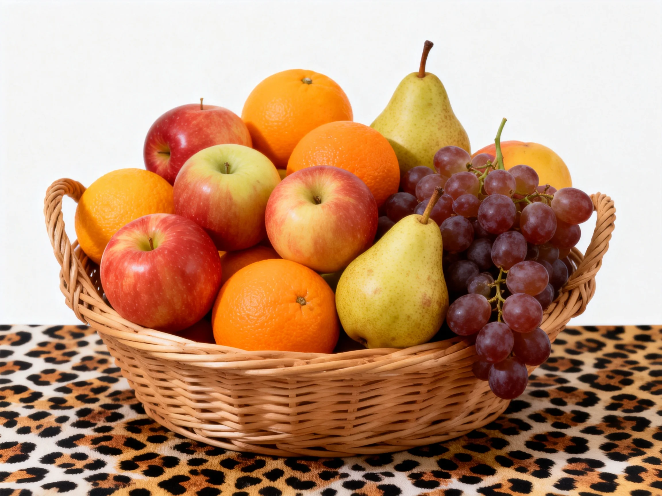 A wicker basket filled with assorted colorful fruits including apples, oranges, pears, and grapes