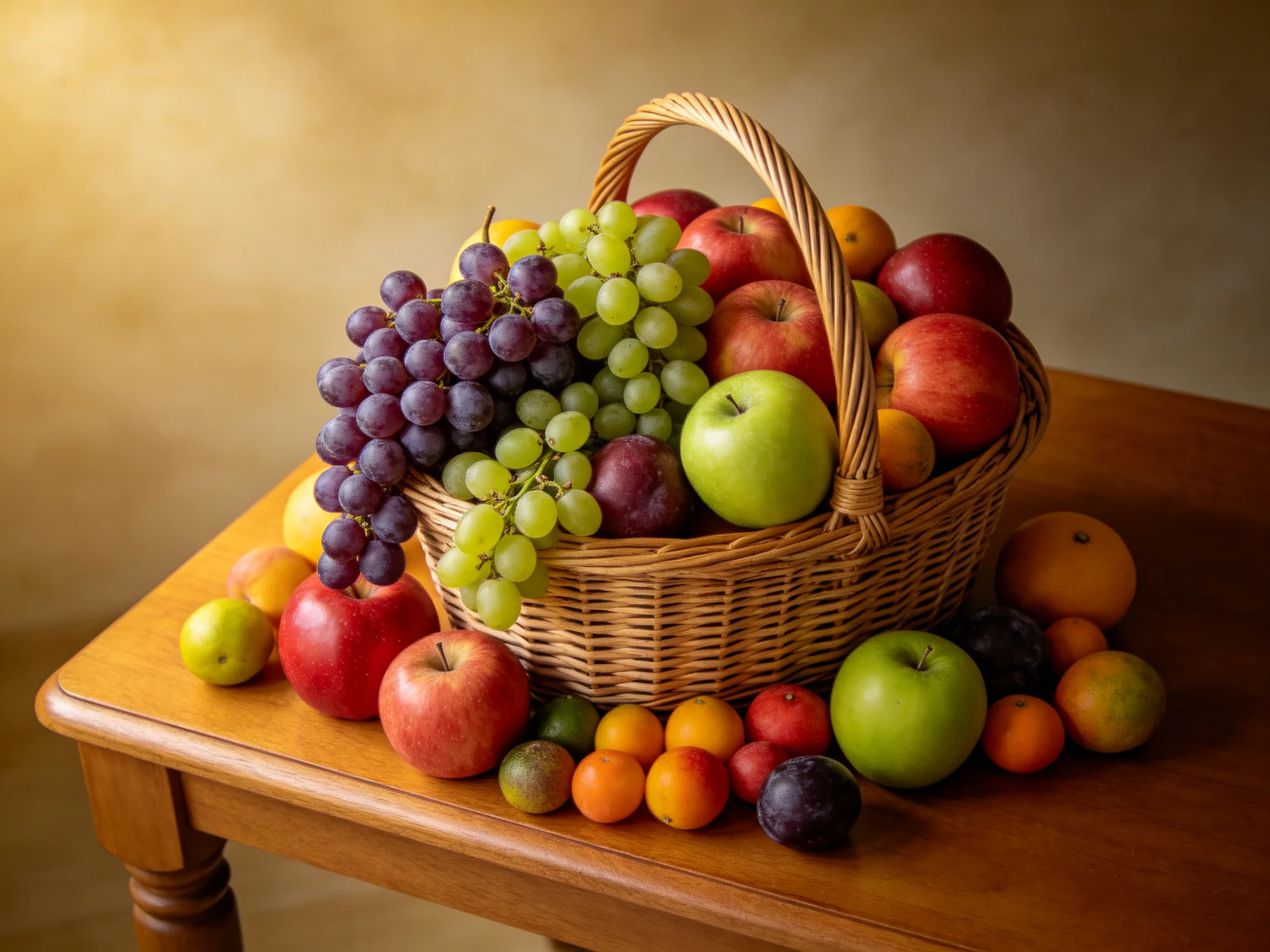 A wicker basket filled with assorted colorful fruits