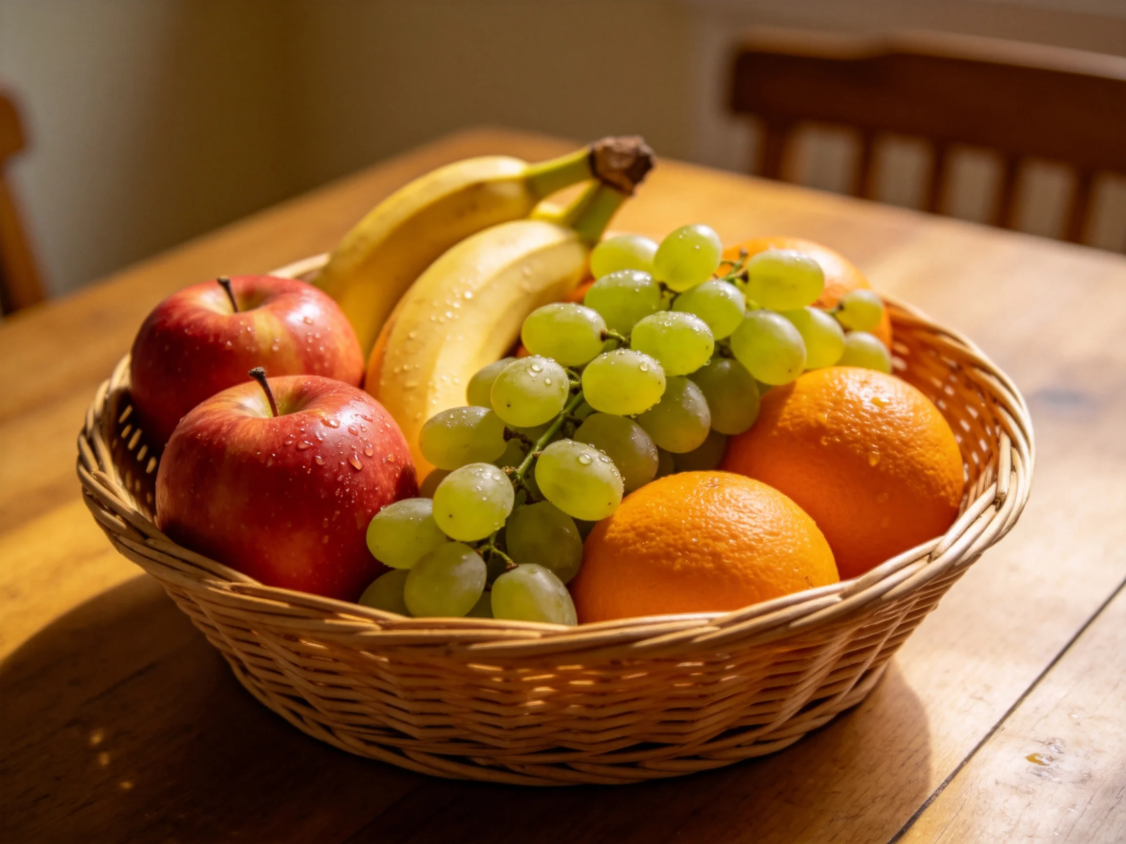 A wicker basket filled with assorted fresh fruits including red apples, yellow bananas, green grapes,