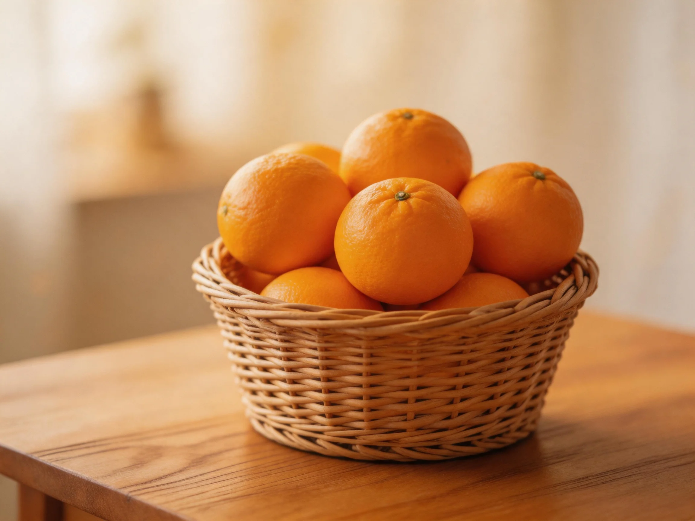 A wicker basket filled with bright orange citrus fruits on a wooden table