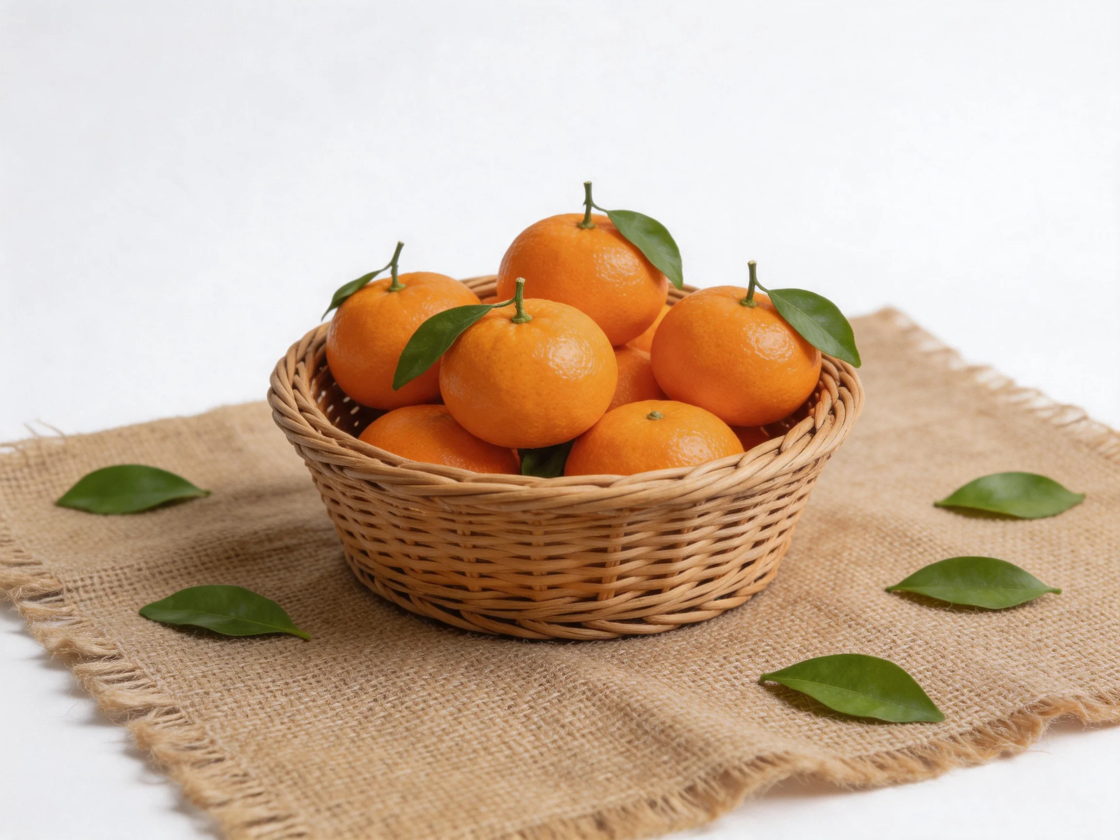 A wicker basket filled with bright orange tangerines on a burlap mat