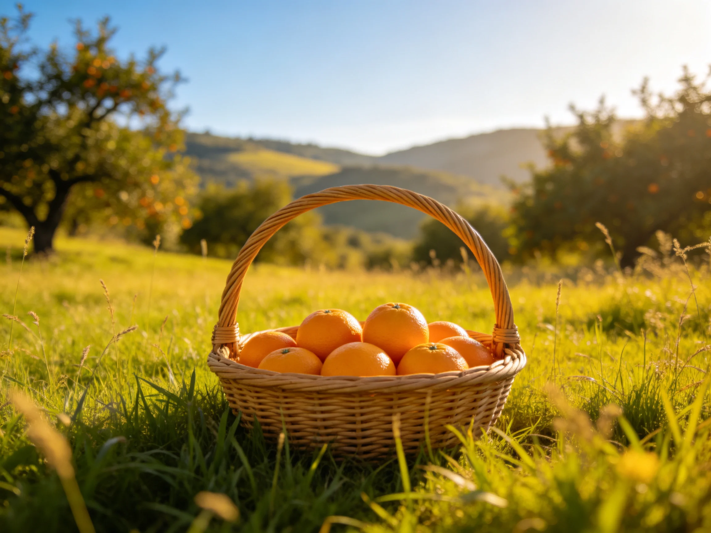 A wicker basket filled with bright oranges sits in a sunlit orchard