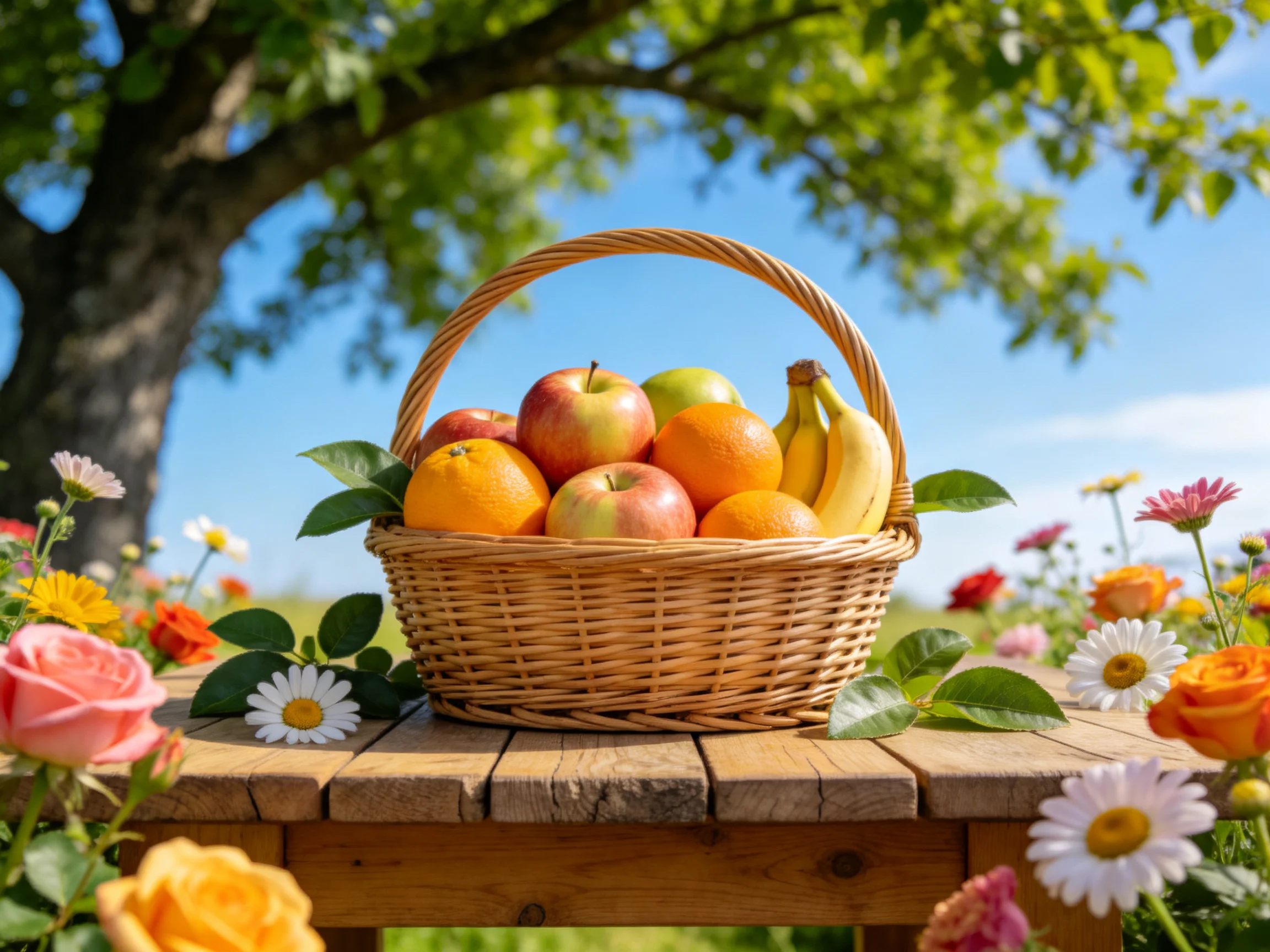 A wicker basket filled with colorful fruits on a wooden table amid flowers