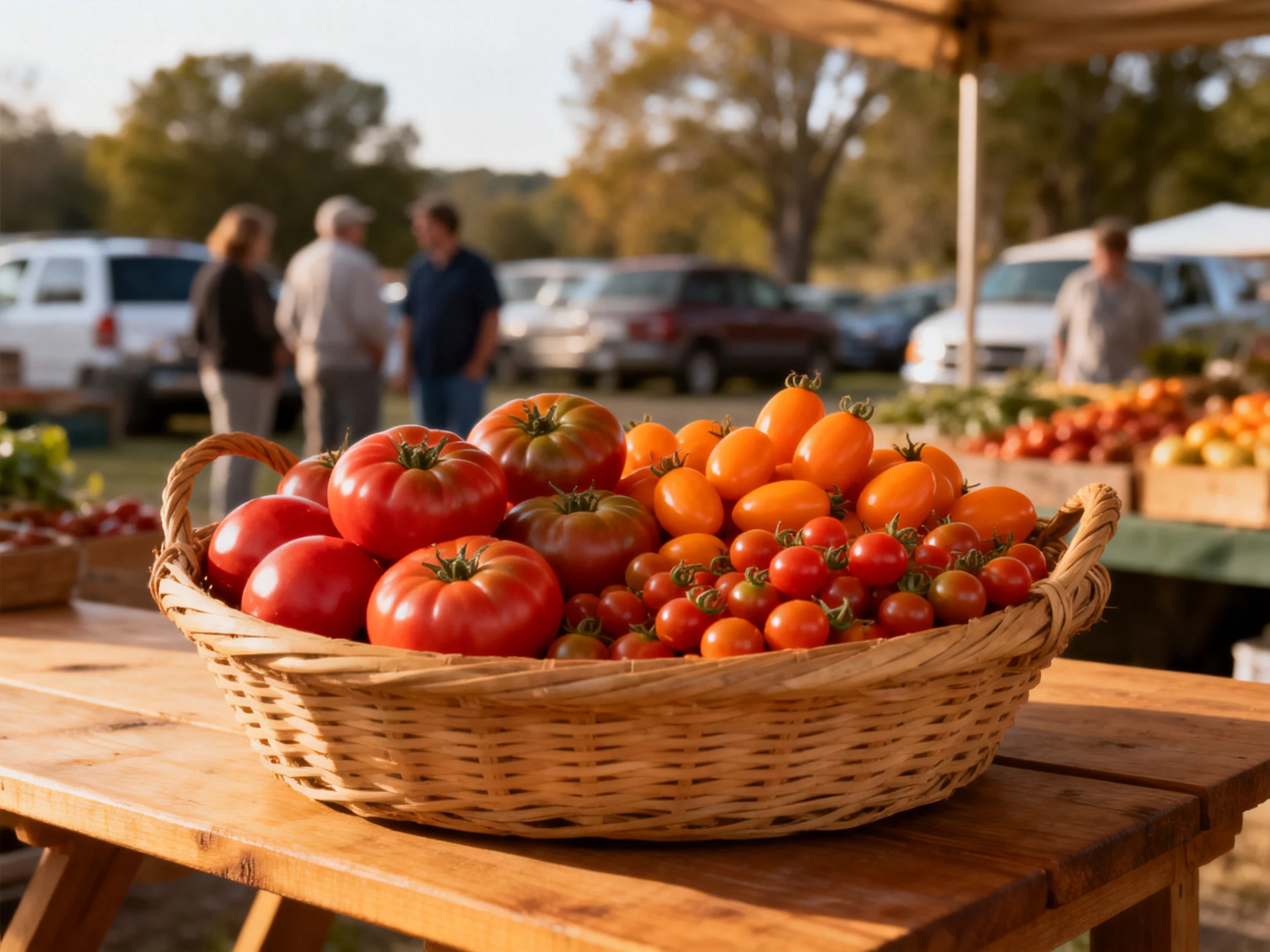 A wicker basket filled with colorful tomatoes at an outdoor market