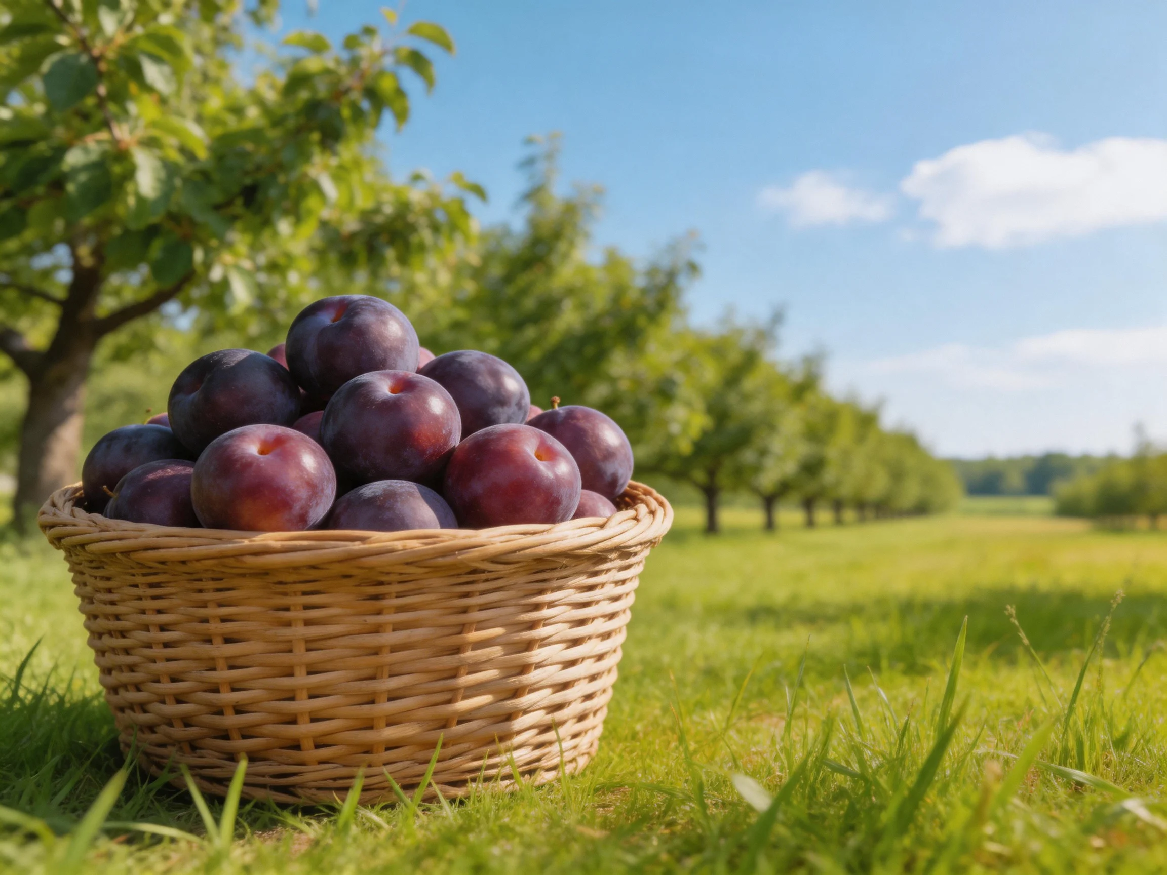 A wicker basket filled with deep purple plums in a sunlit orchard