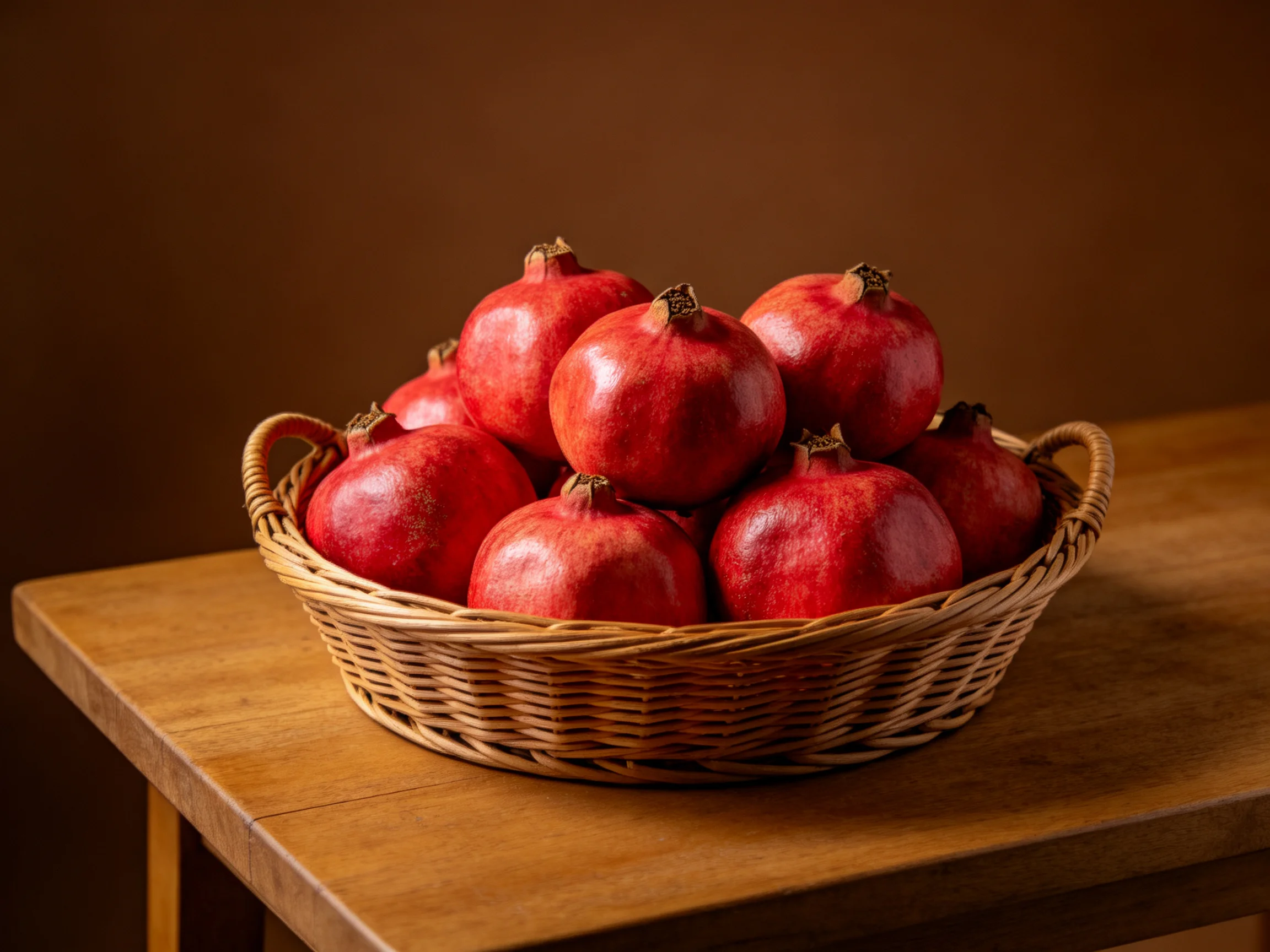 A wicker basket filled with glossy red pomegranates on a wooden table