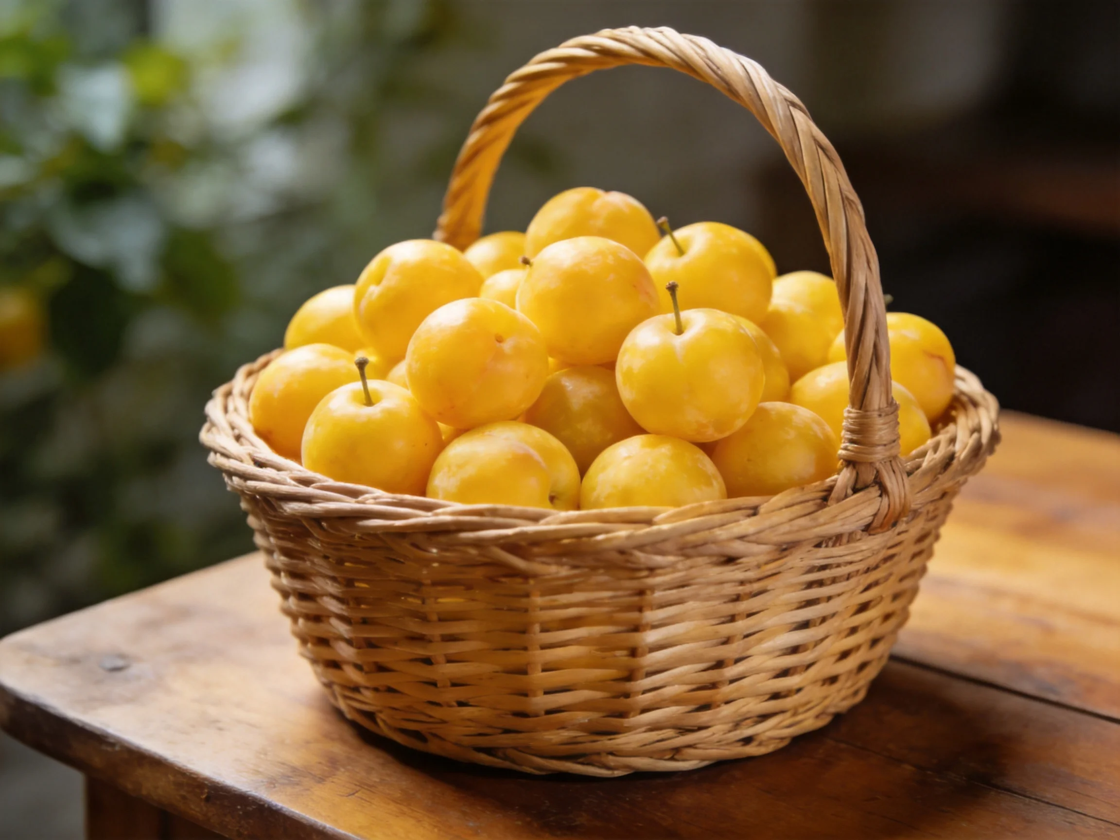 A wicker basket filled with golden-yellow fruits on a wooden table