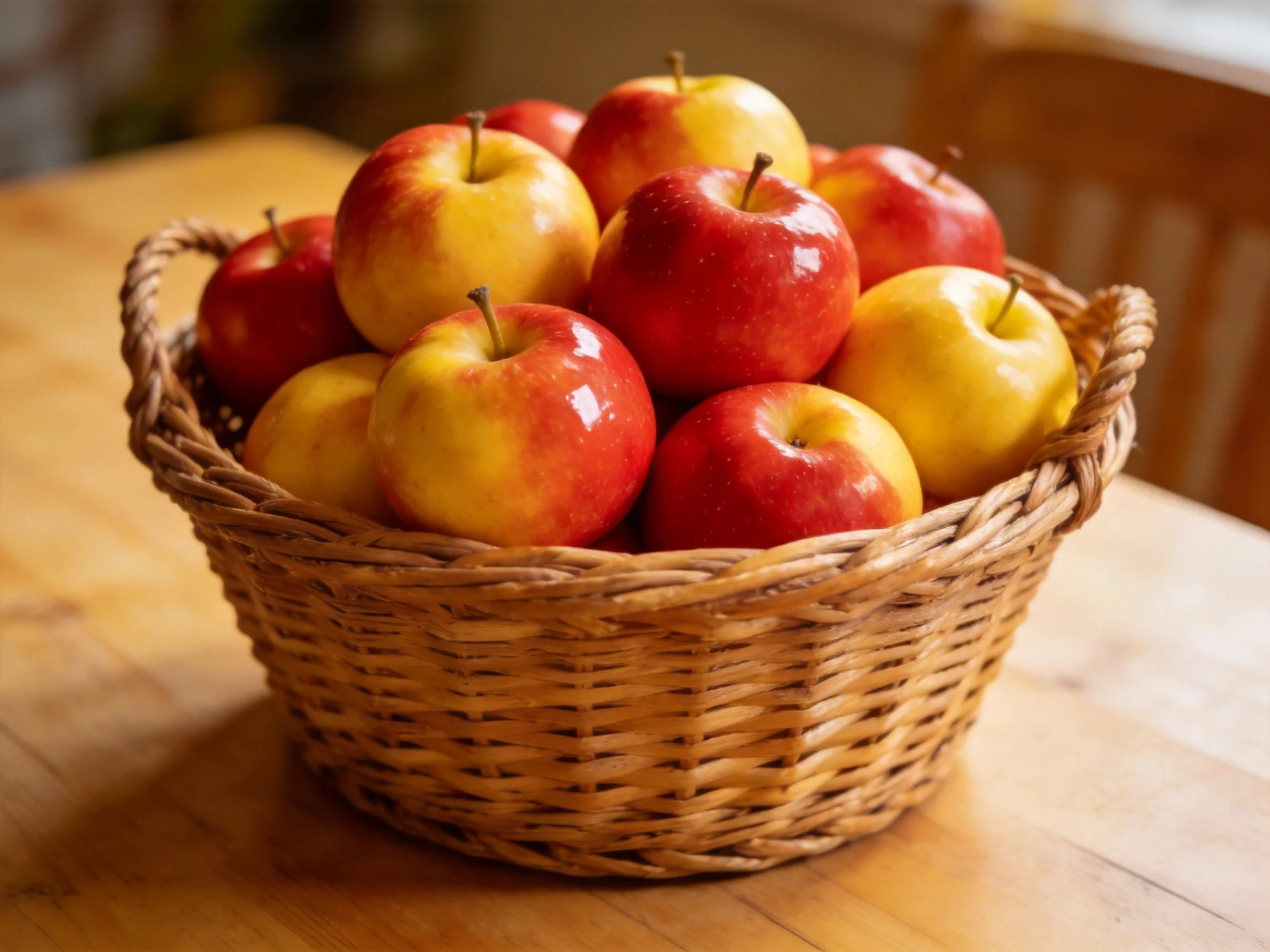 A wicker basket filled with red and golden apples rests on a wooden table.