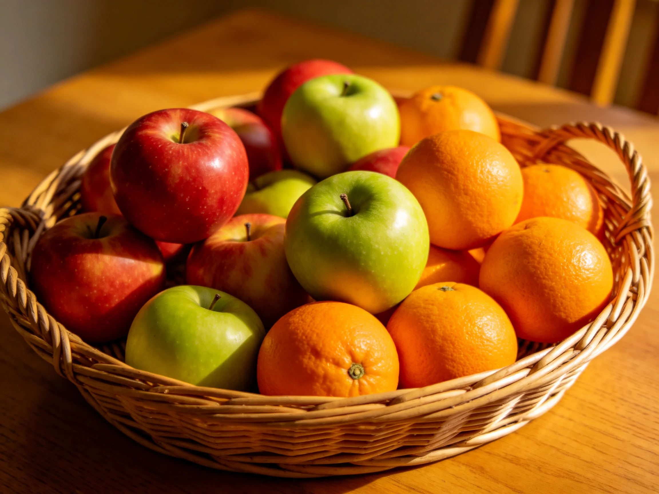 A wicker basket filled with red and green apples and orange oranges
