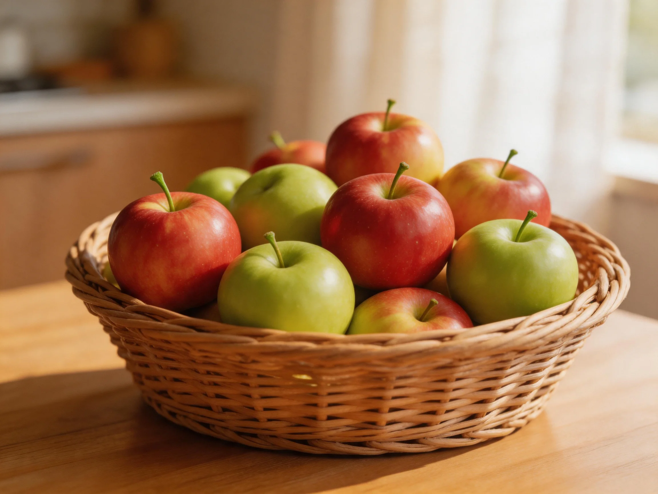 A wicker basket filled with red and green apples sits on a wooden table