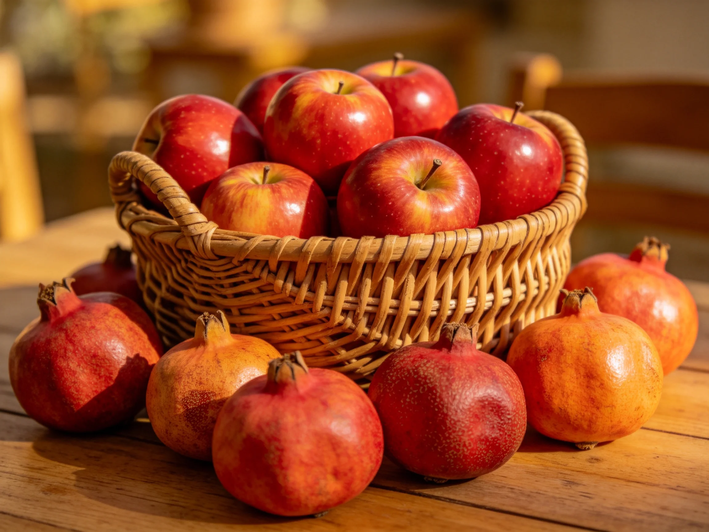A wicker basket filled with red apples beside colorful pomegranates