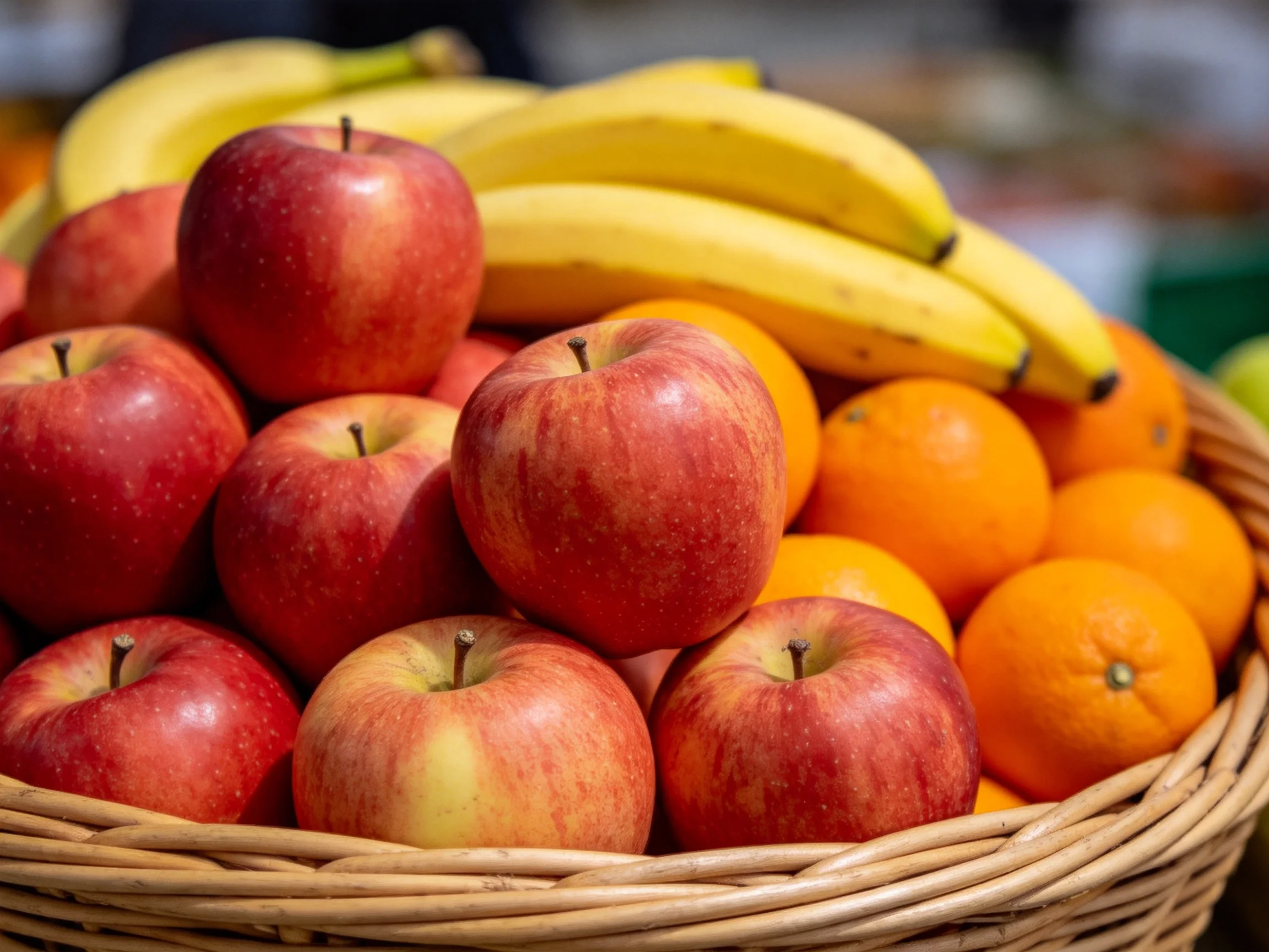 A wicker basket filled with red apples, yellow bananas, and orange oranges