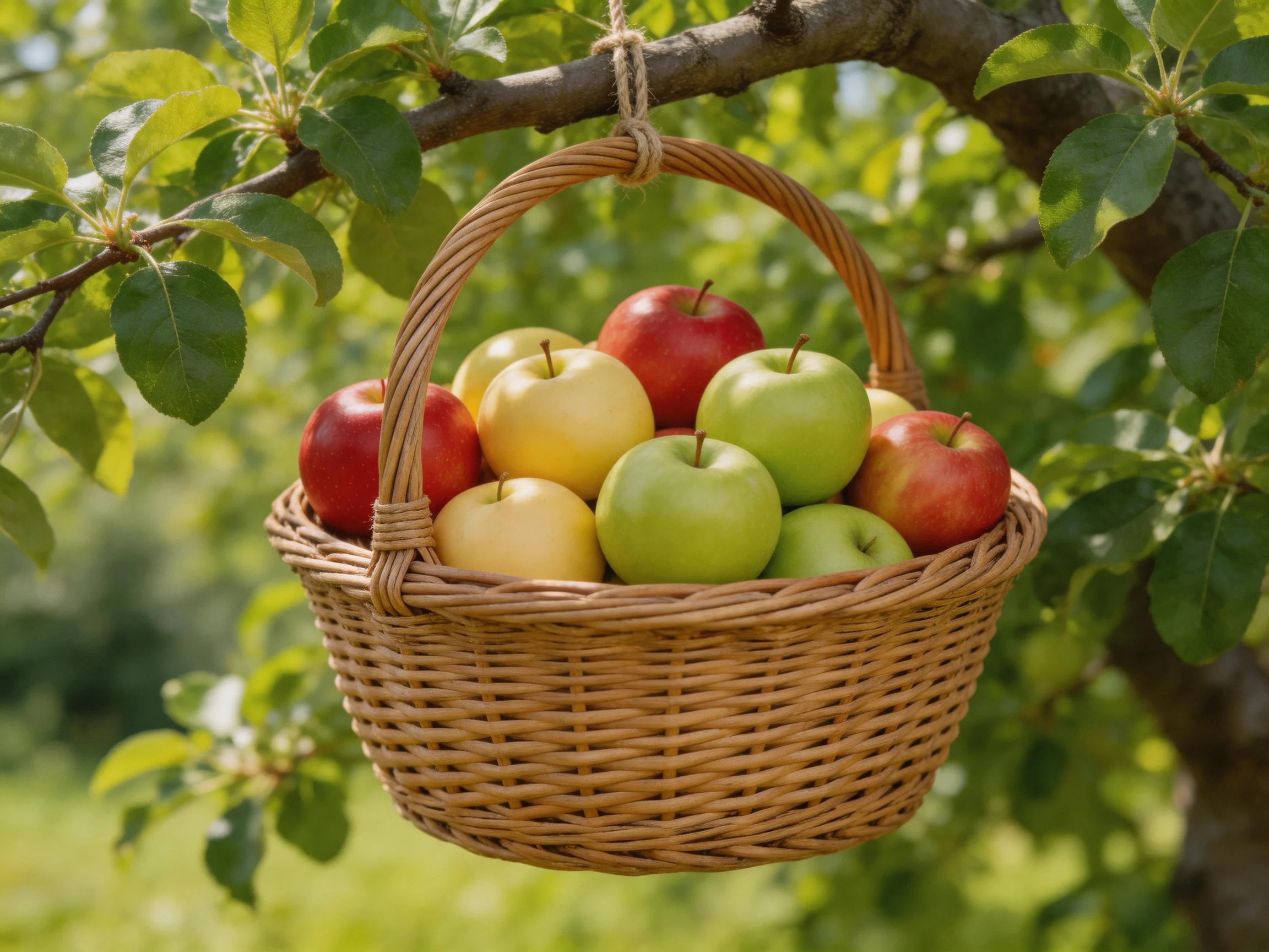 A wicker basket filled with red, green, and yellow apples hangs from an apple tree