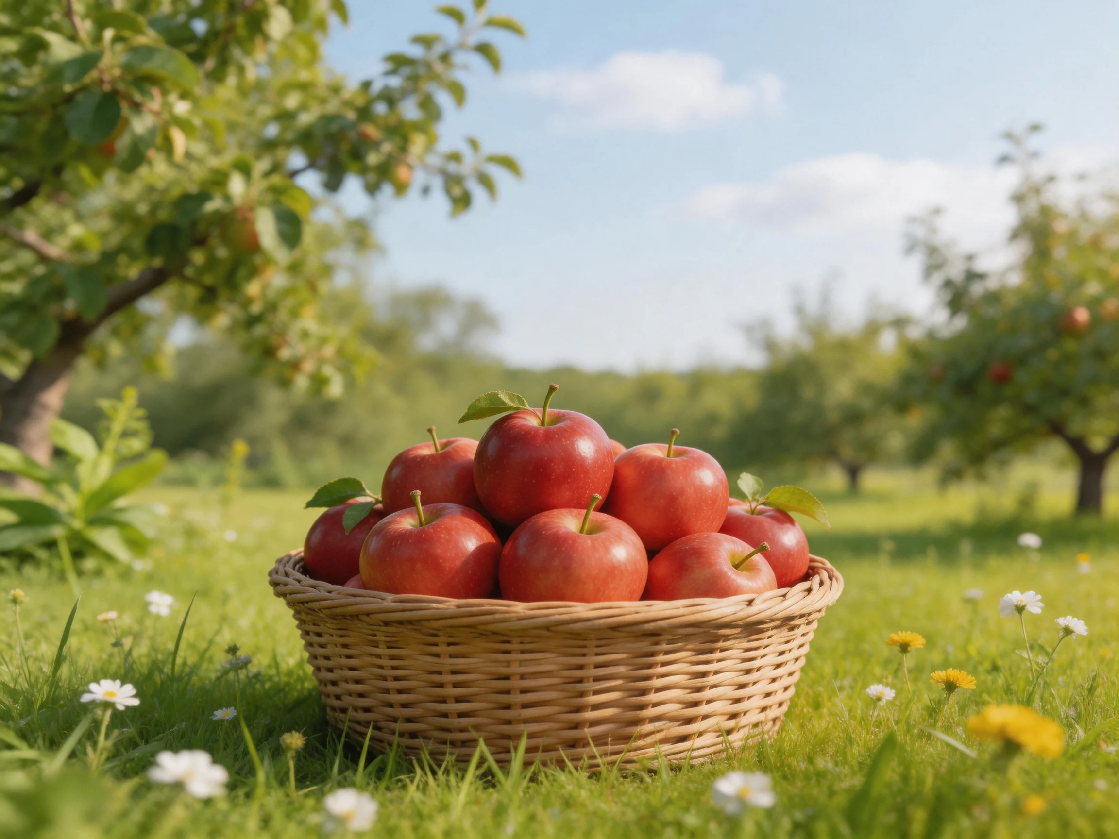 A wicker basket filled with vibrant red apples sits in a sunlit orchard
