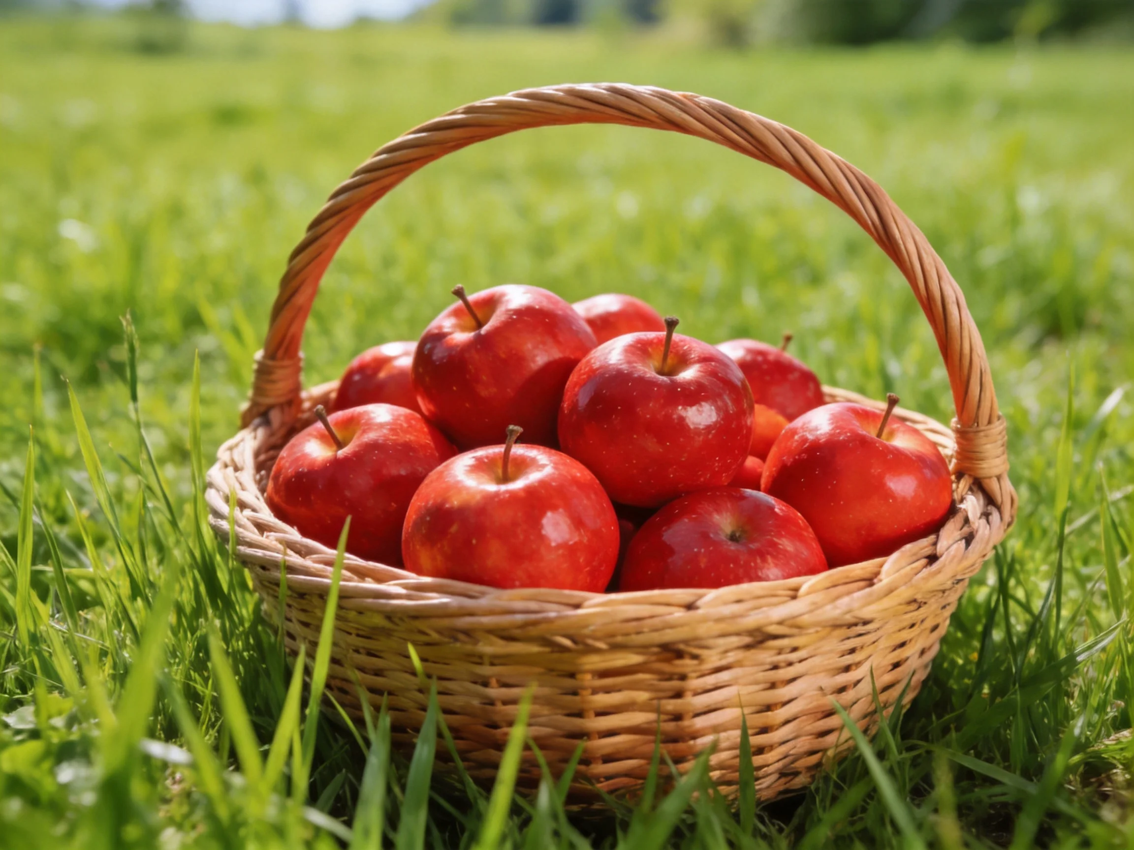 A wicker basket filled with vibrant red apples sits in lush green grass