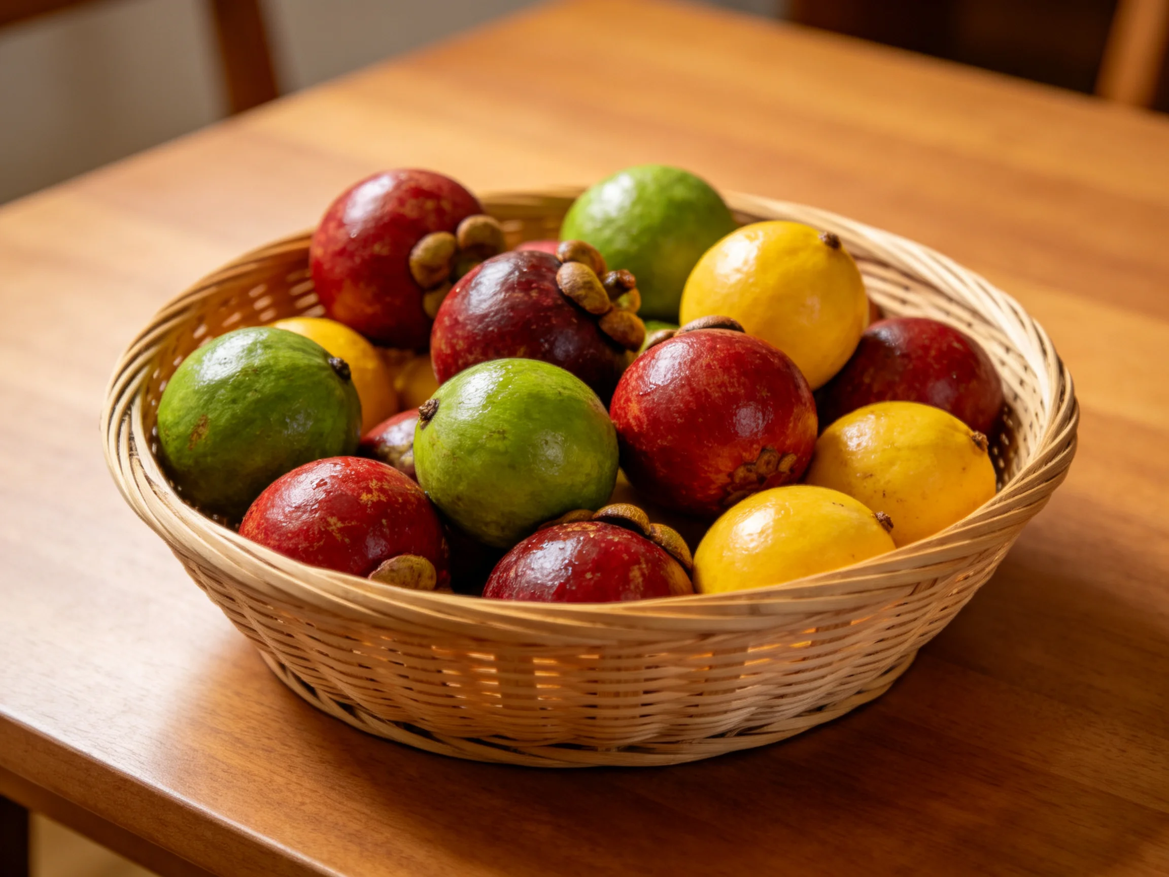 A wicker basket filled with vibrant red, green, and yellow tropical fruits