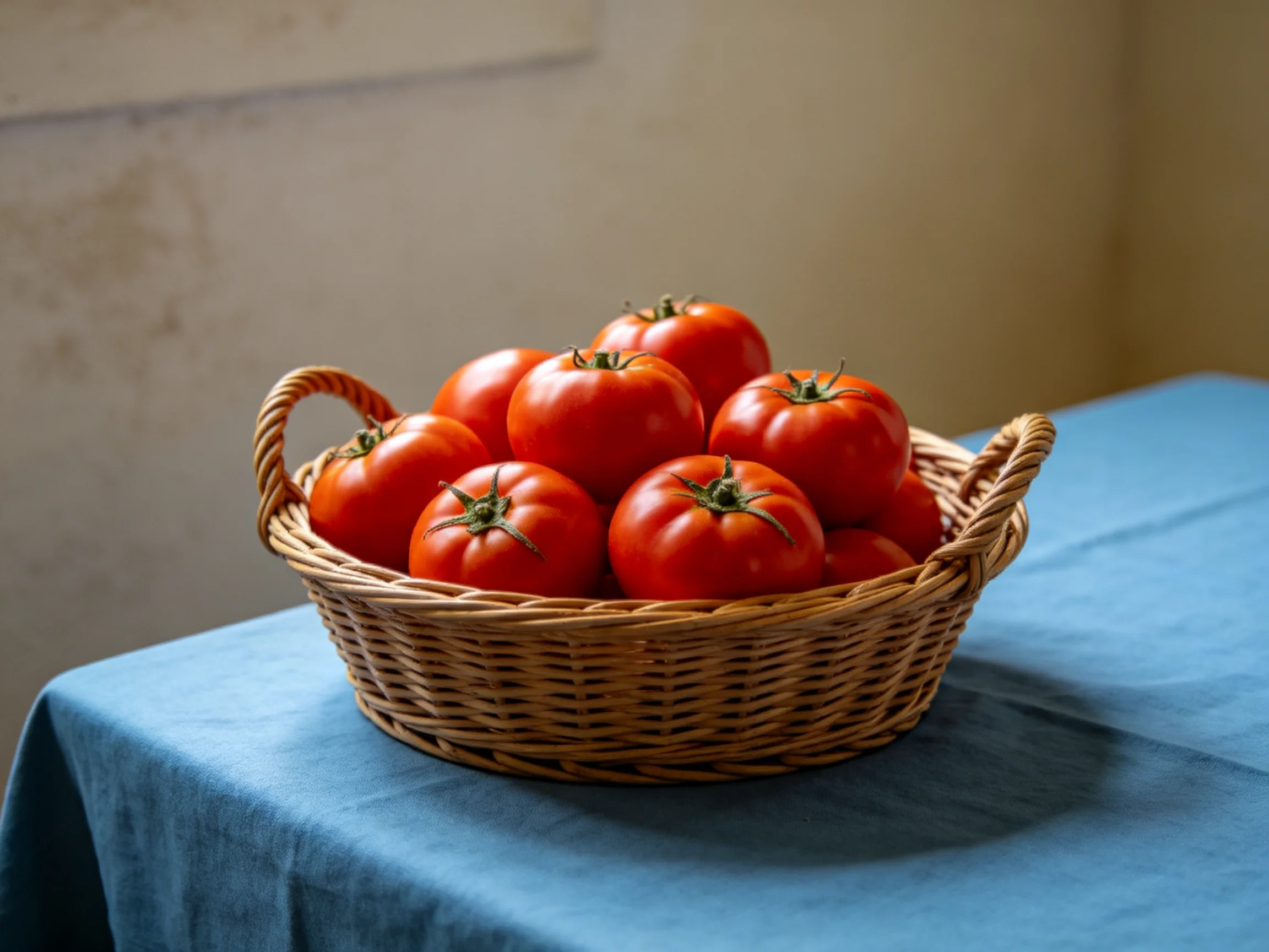 A wicker basket filled with vibrant red tomatoes on a blue cloth