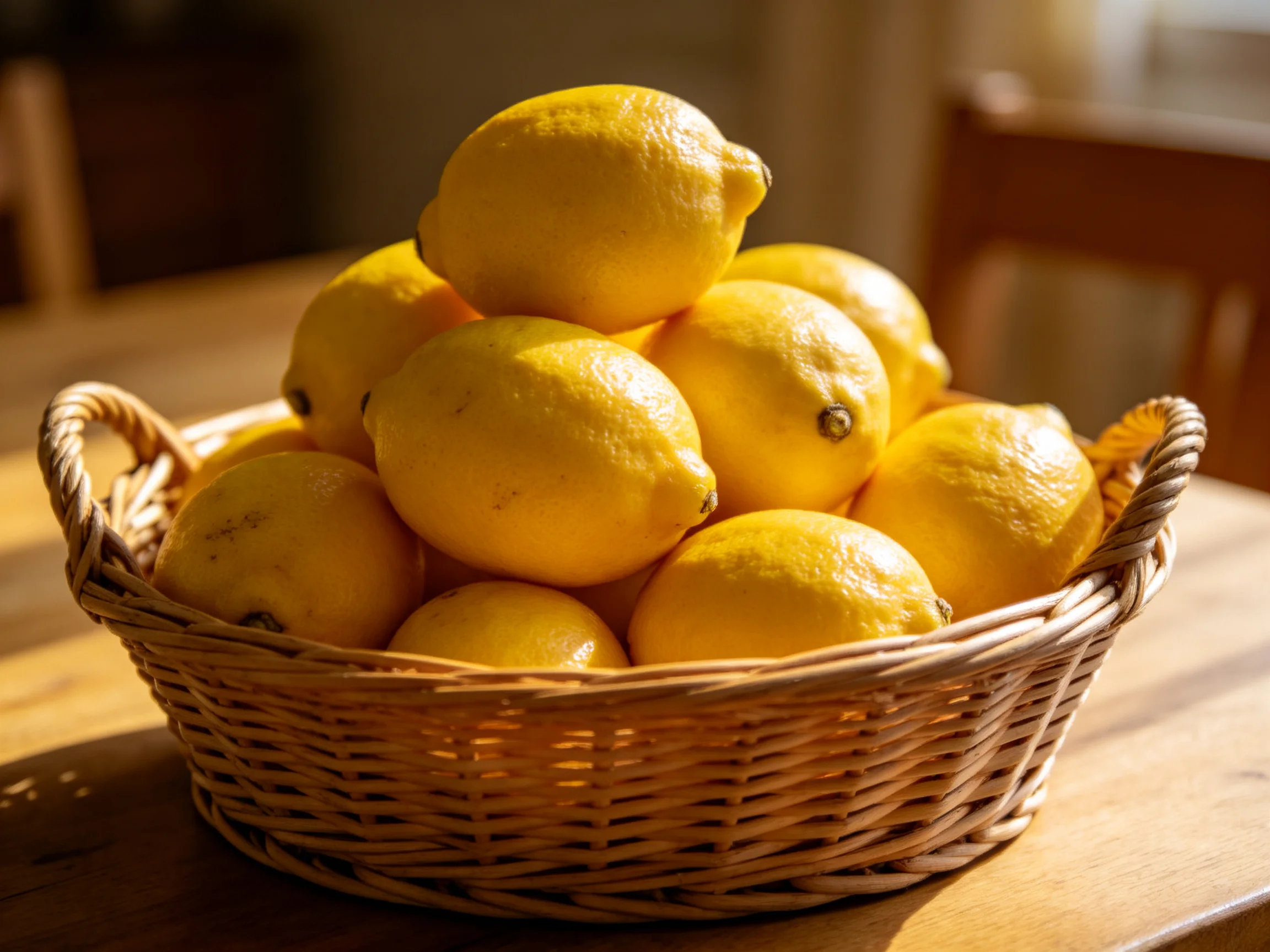 A wicker basket filled with vibrant yellow lemons stacked on a wooden table