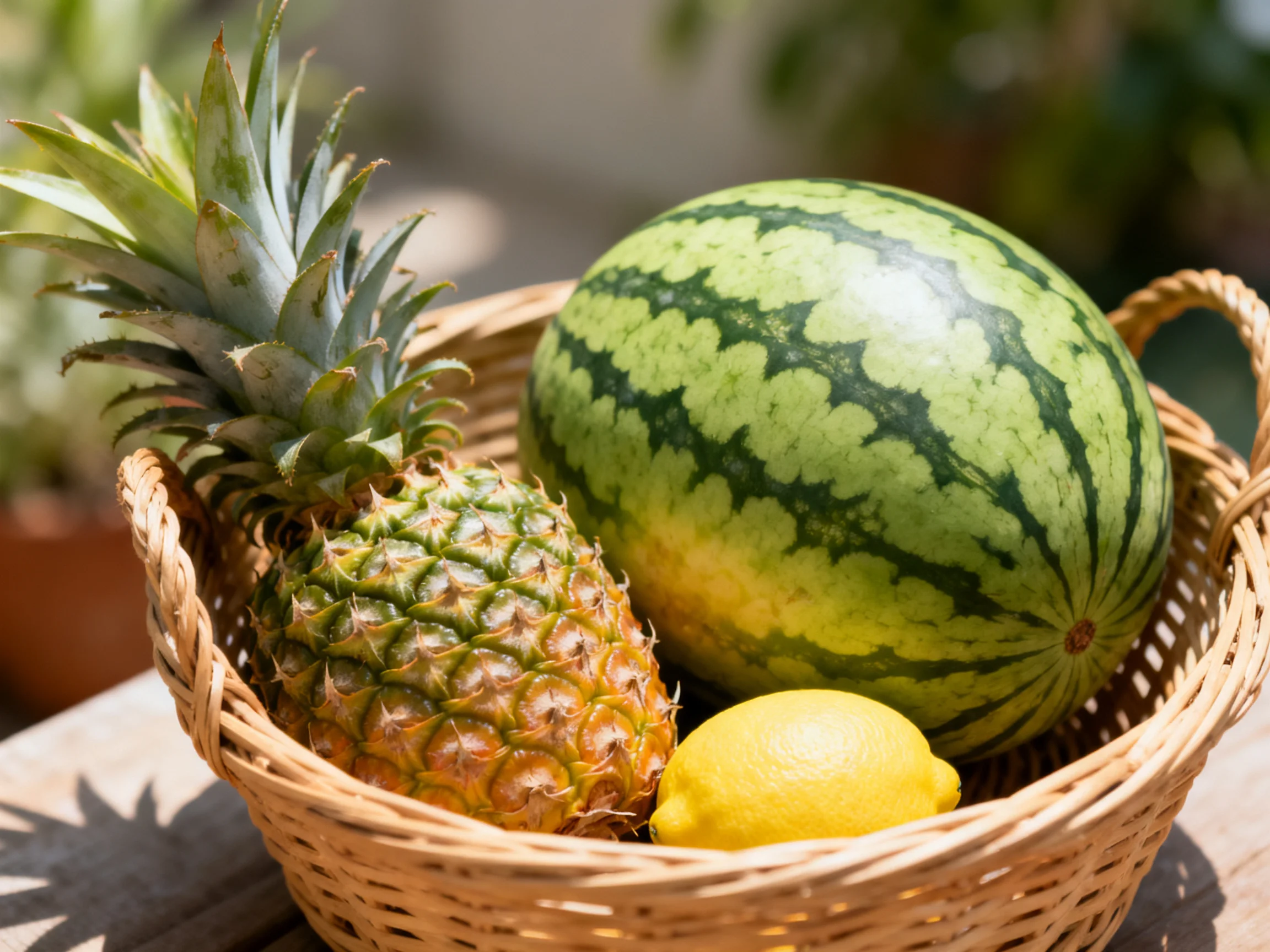 A wicker basket holds a pineapple, watermelon, and lemon in bright sunlight