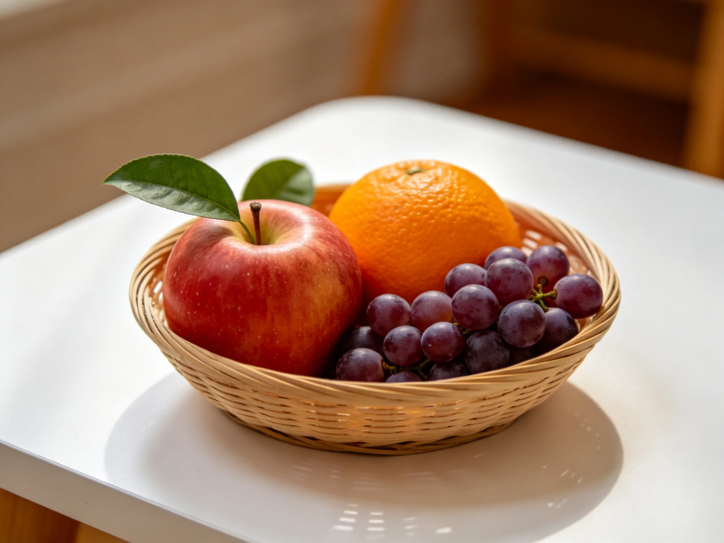 A wicker basket holds a red apple, orange, and purple grapes