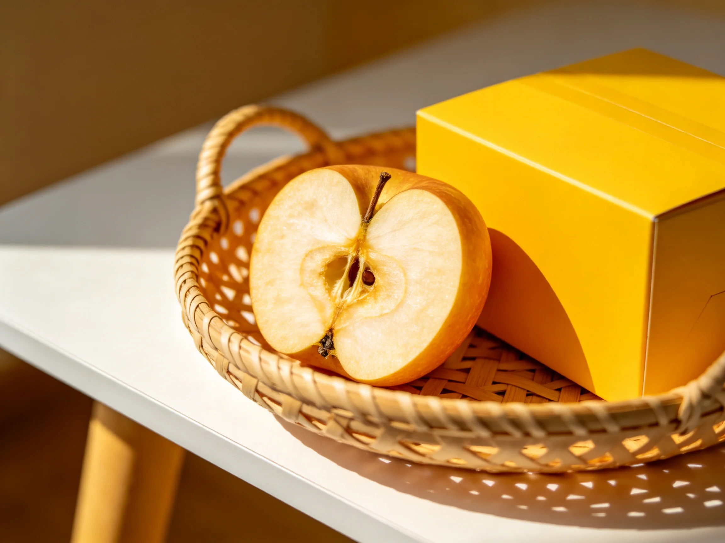 A wicker basket holds a sliced golden apple and a bright yellow box