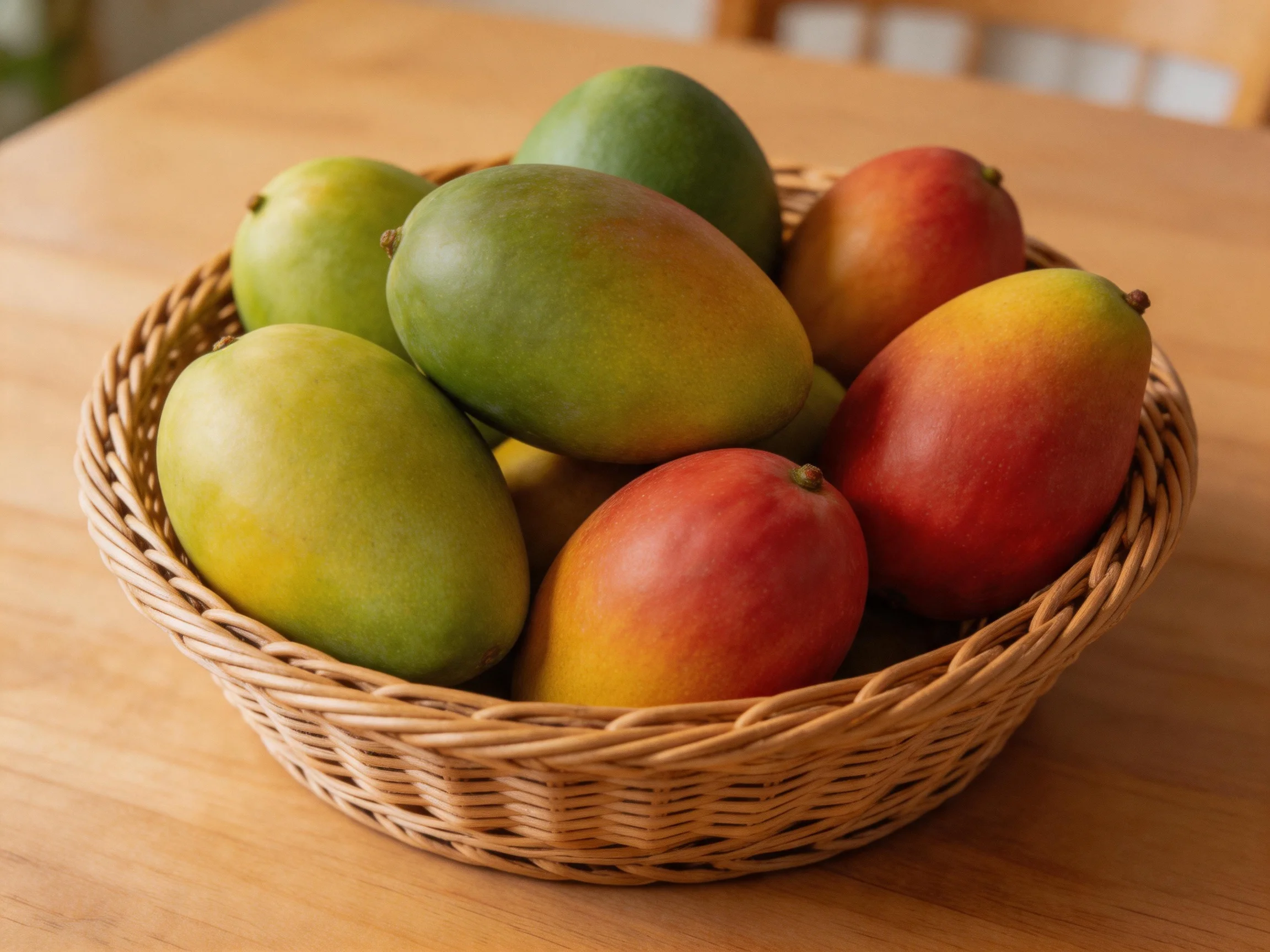 A wicker basket holds a variety of colorful mangoes in green, red, and yellow