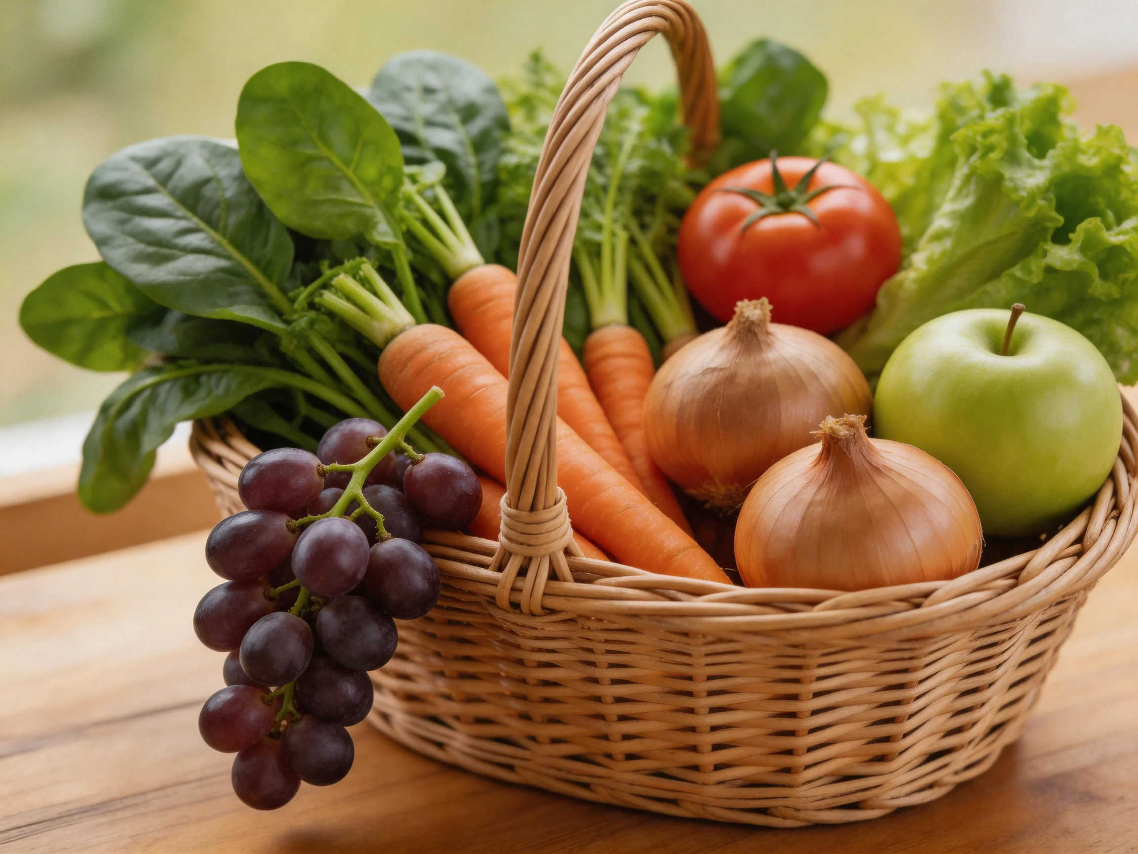 A wicker basket holds an assortment of fresh fruits and vegetables