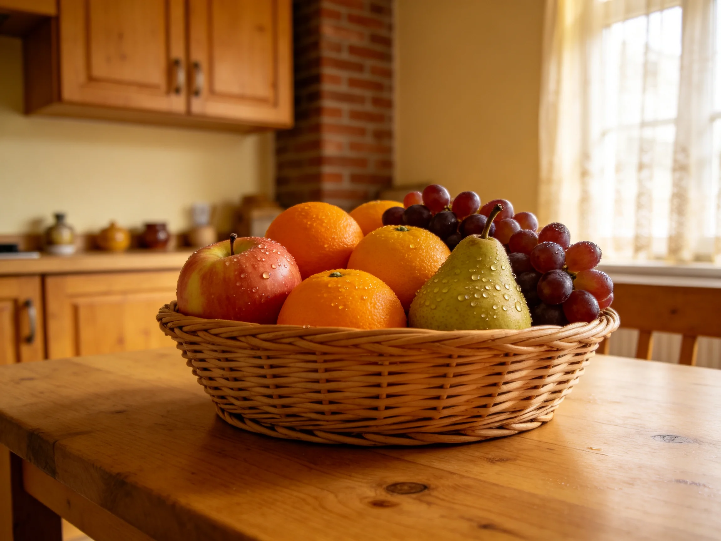 A wicker basket holds apples, oranges, a pear, and grapes in a cozy kitchen