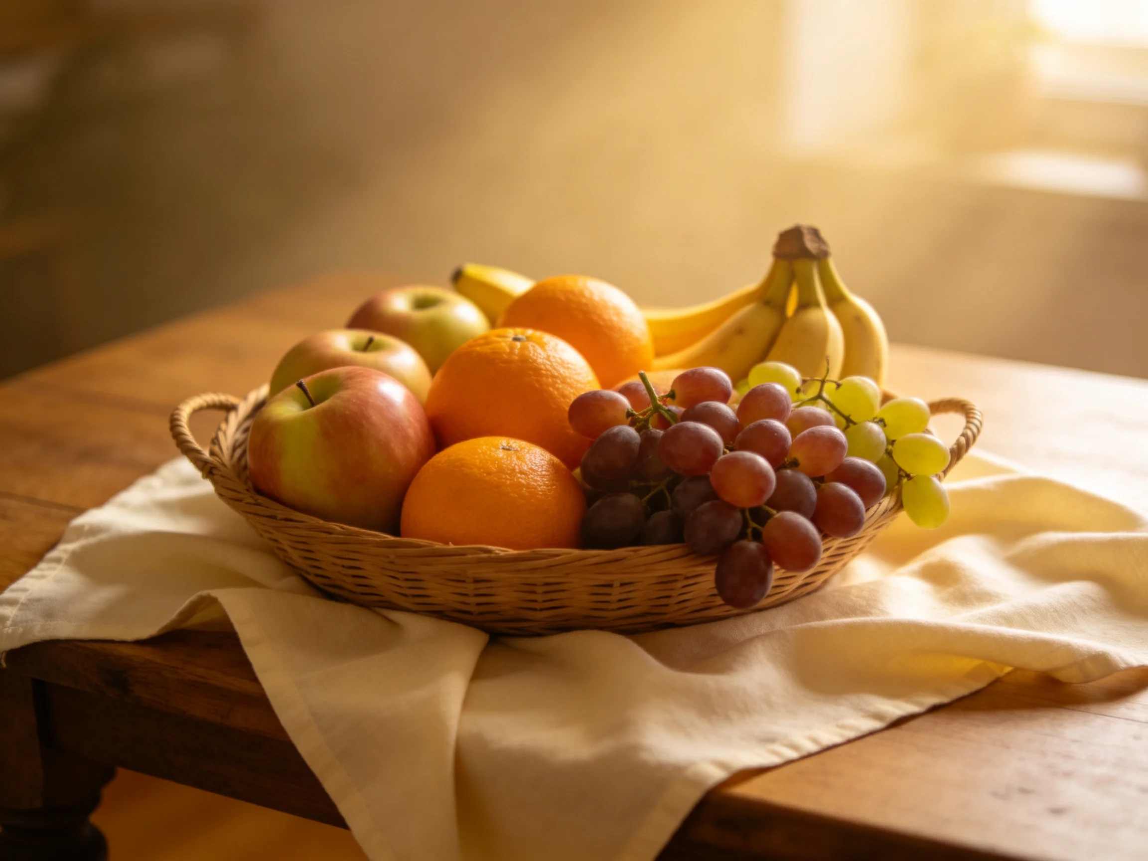 A wicker basket holds apples, oranges, bananas, and grapes on a wooden table
