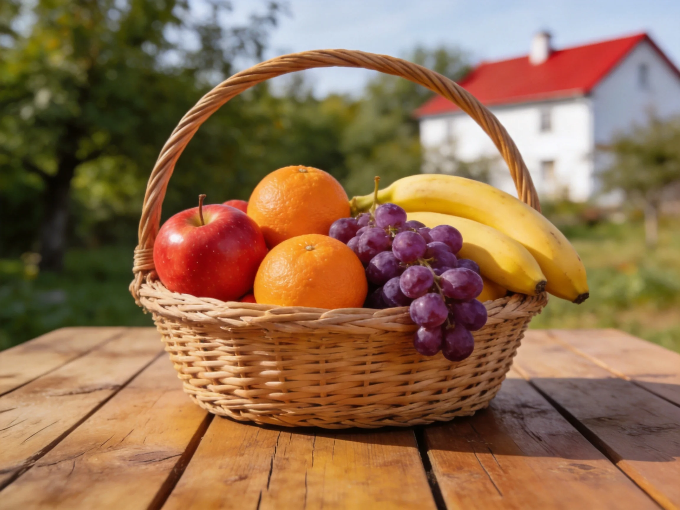 A wicker basket holds apples, oranges, grapes, and bananas near a white house