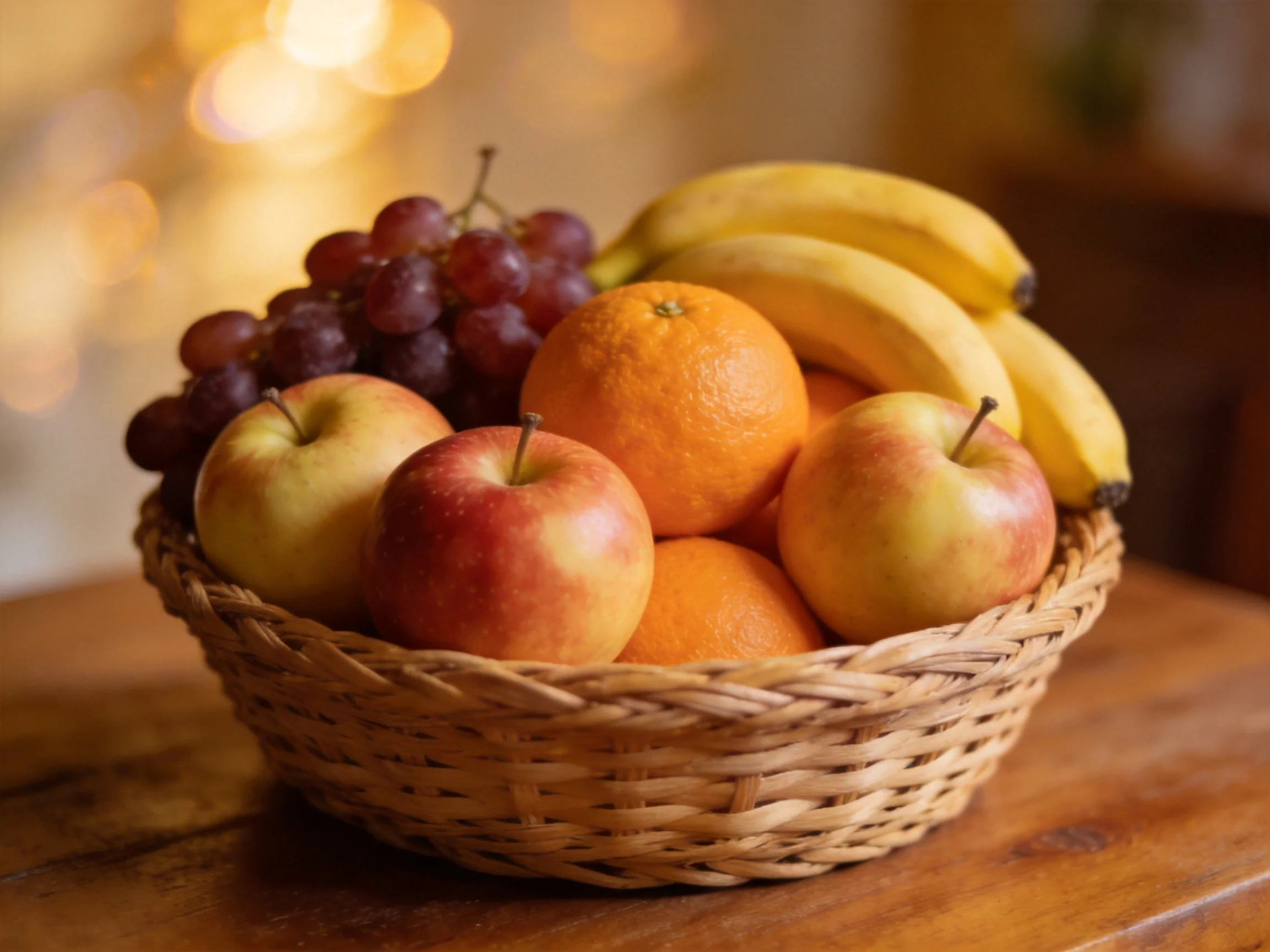 A wicker basket holds apples, oranges, grapes, and bananas with warm hues.