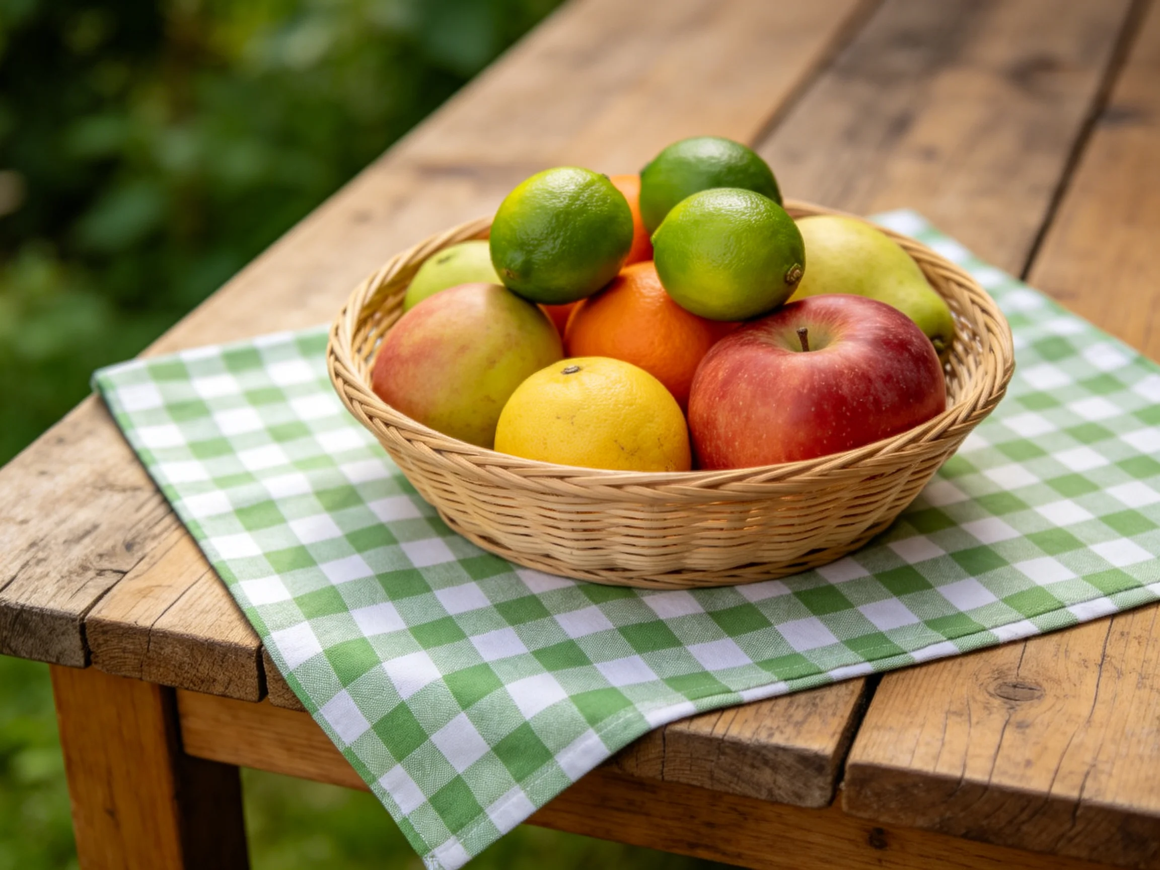 A wicker basket holds assorted colorful fruits on a green checkered cloth