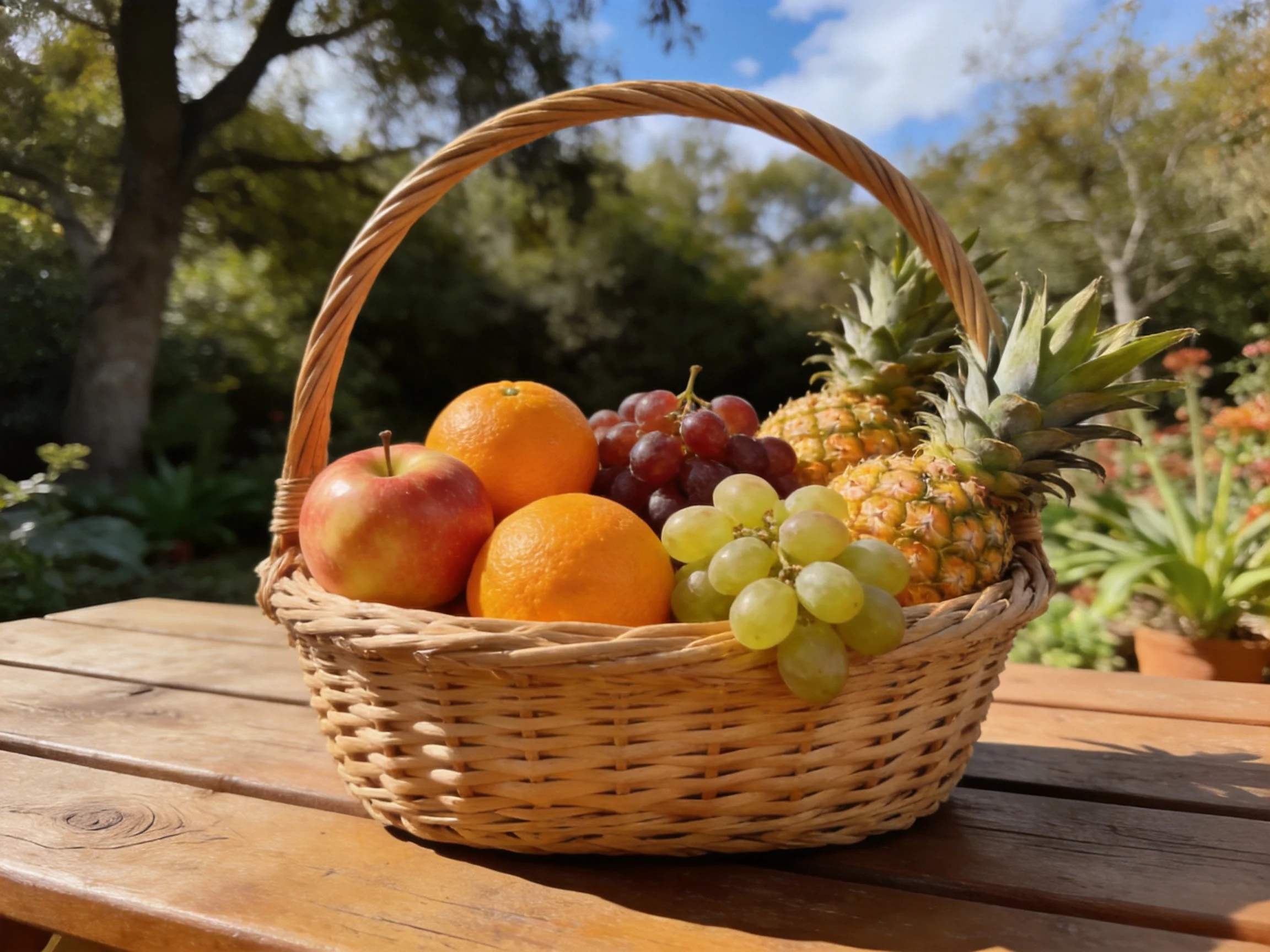 A wicker basket holds assorted colorful fruits on a wooden table
