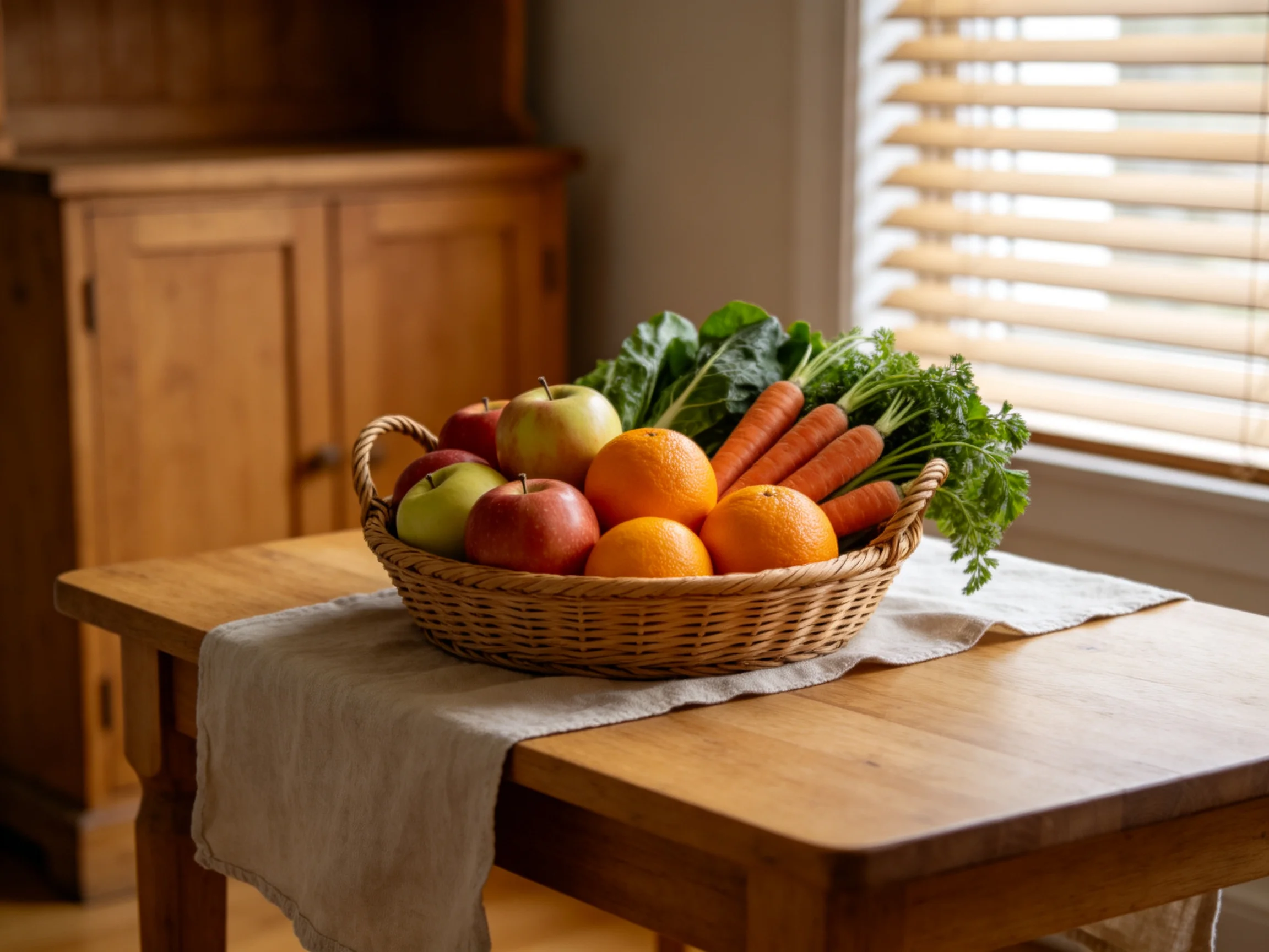 A wicker basket holds assorted fruits and vegetables on a wooden table