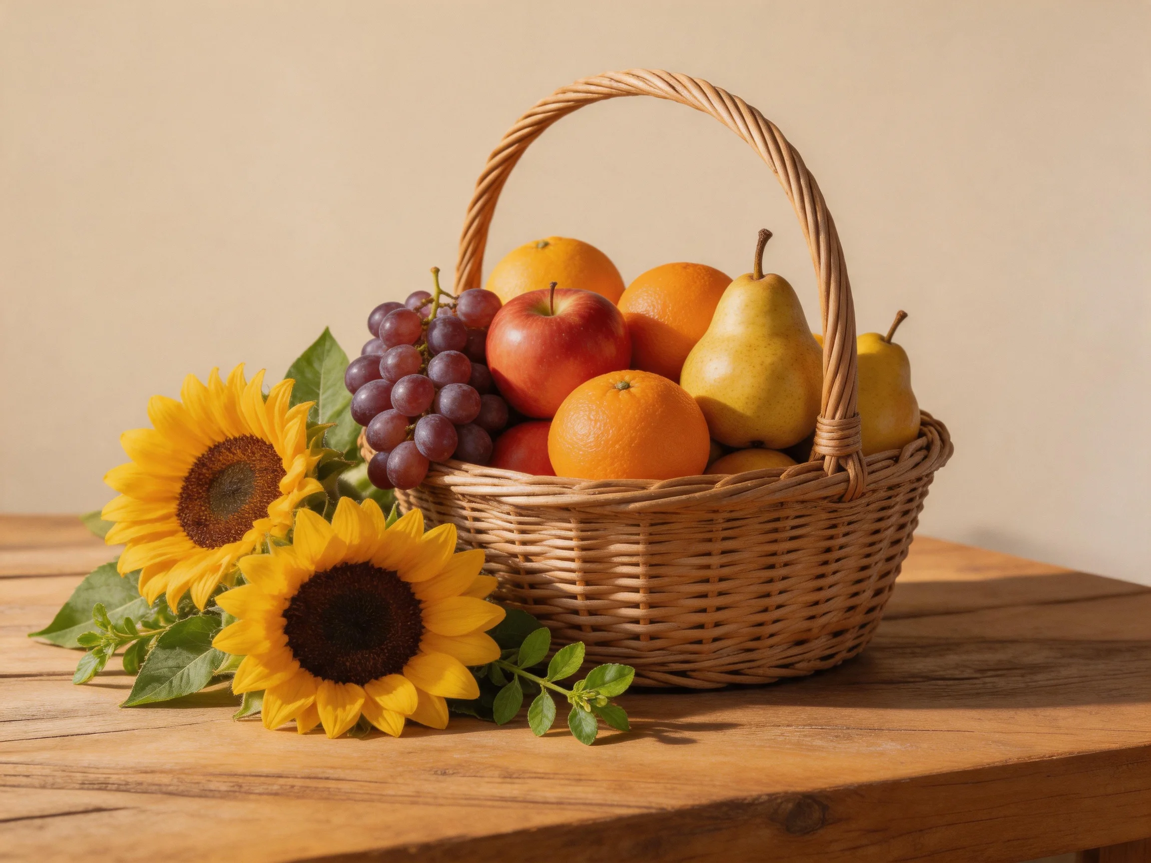 A wicker basket holds assorted fruits beside sunflowers