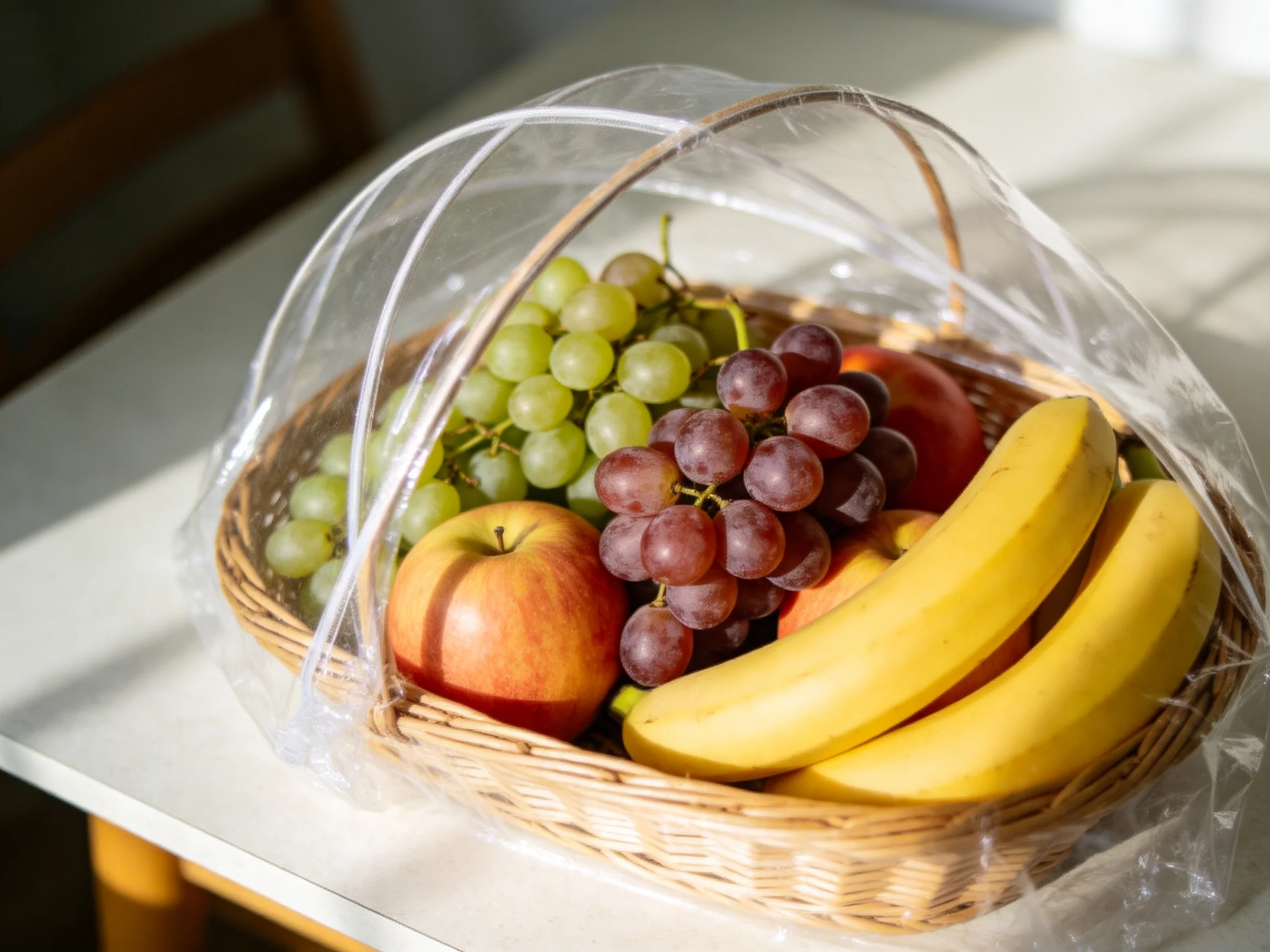 A wicker basket holds bananas, green grapes, purple grapes, an apple, and peaches under plastic