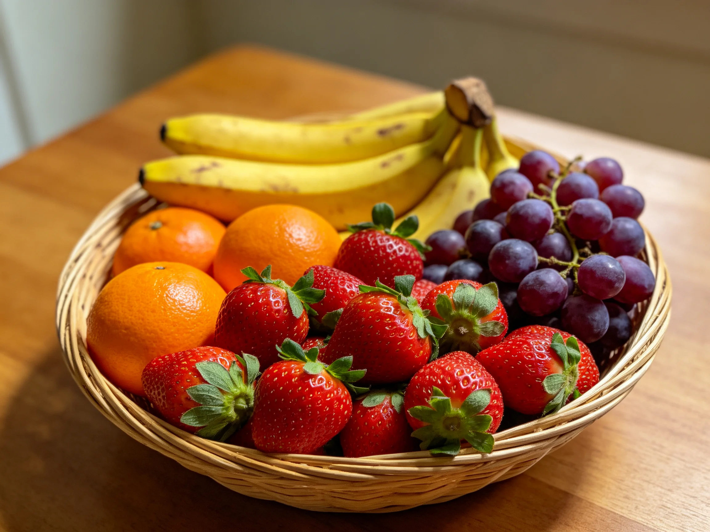A wicker basket holds bananas, strawberries, oranges, and purple grapes