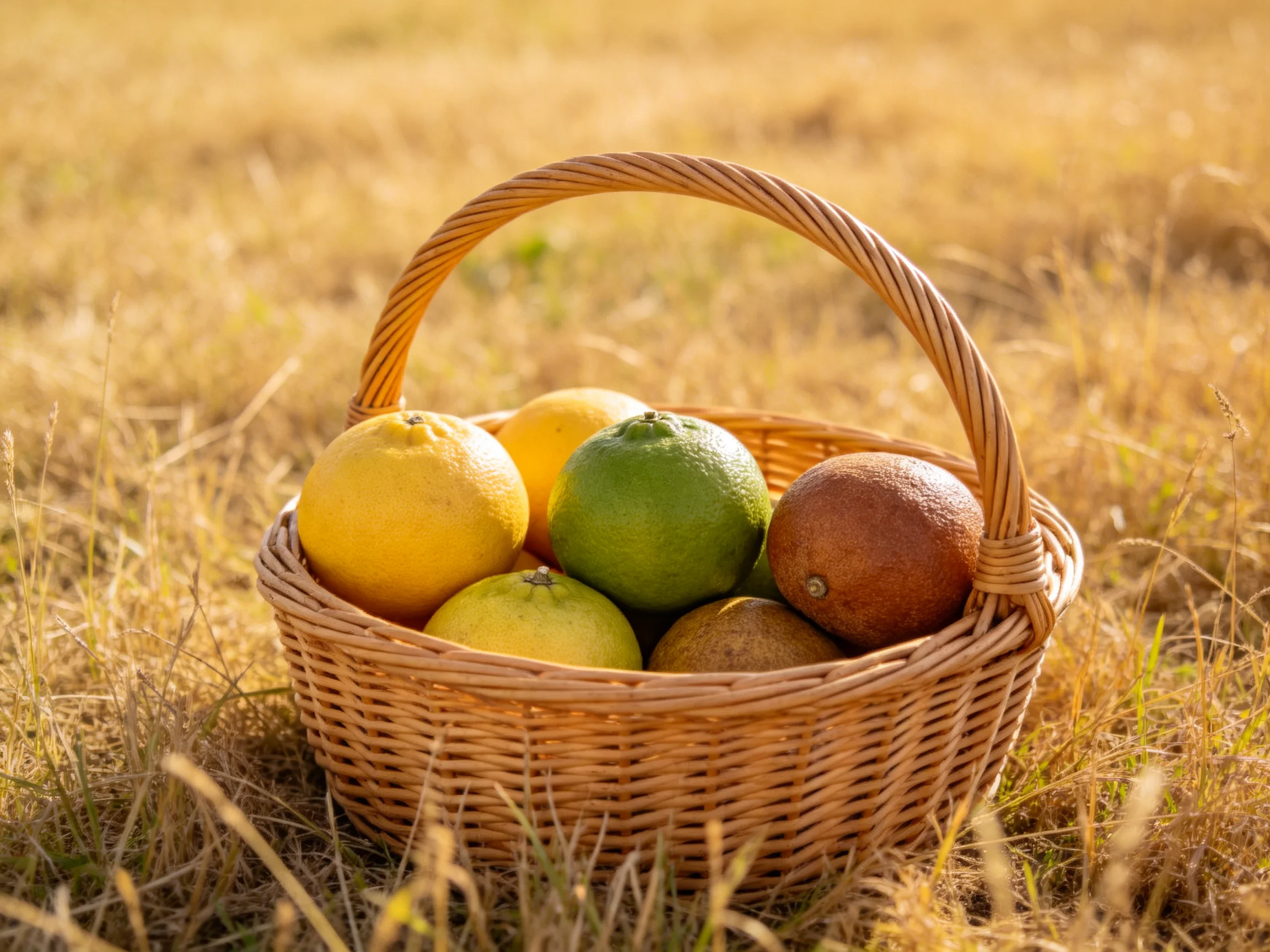 A wicker basket holds colorful citrus fruits on golden grass
