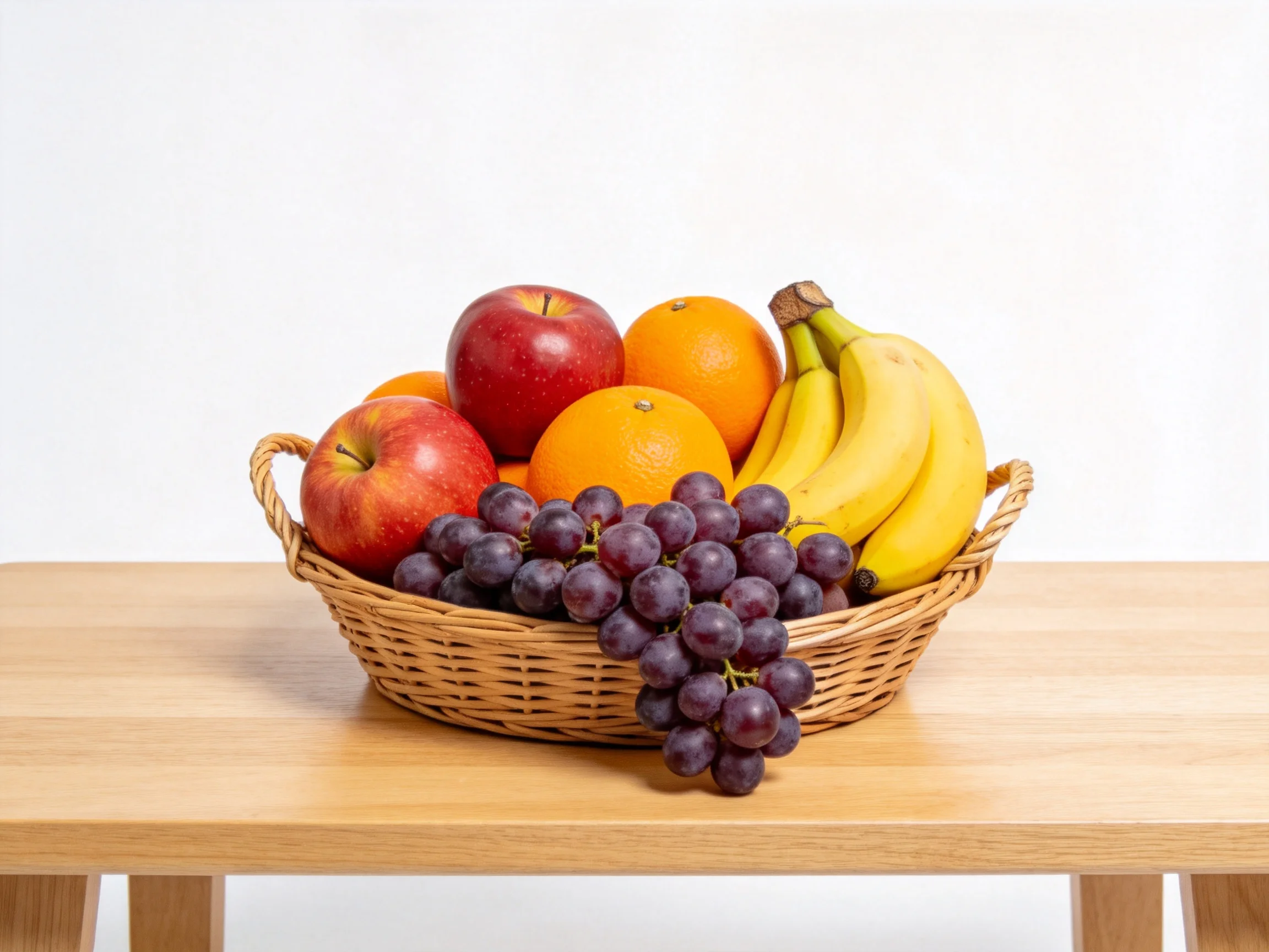A wicker basket holds colorful fruits like red apples, orange oranges, yellow bananas, and purple gra